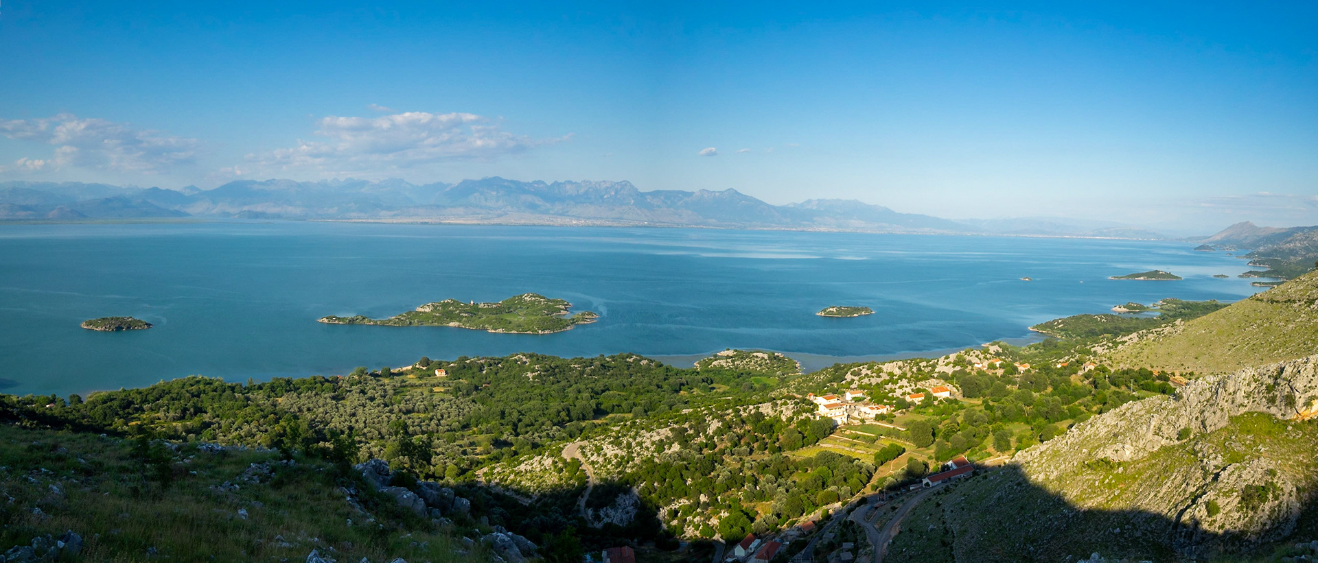 Panorama Lake Skadar south side with Albania on the horizon, Montenegro