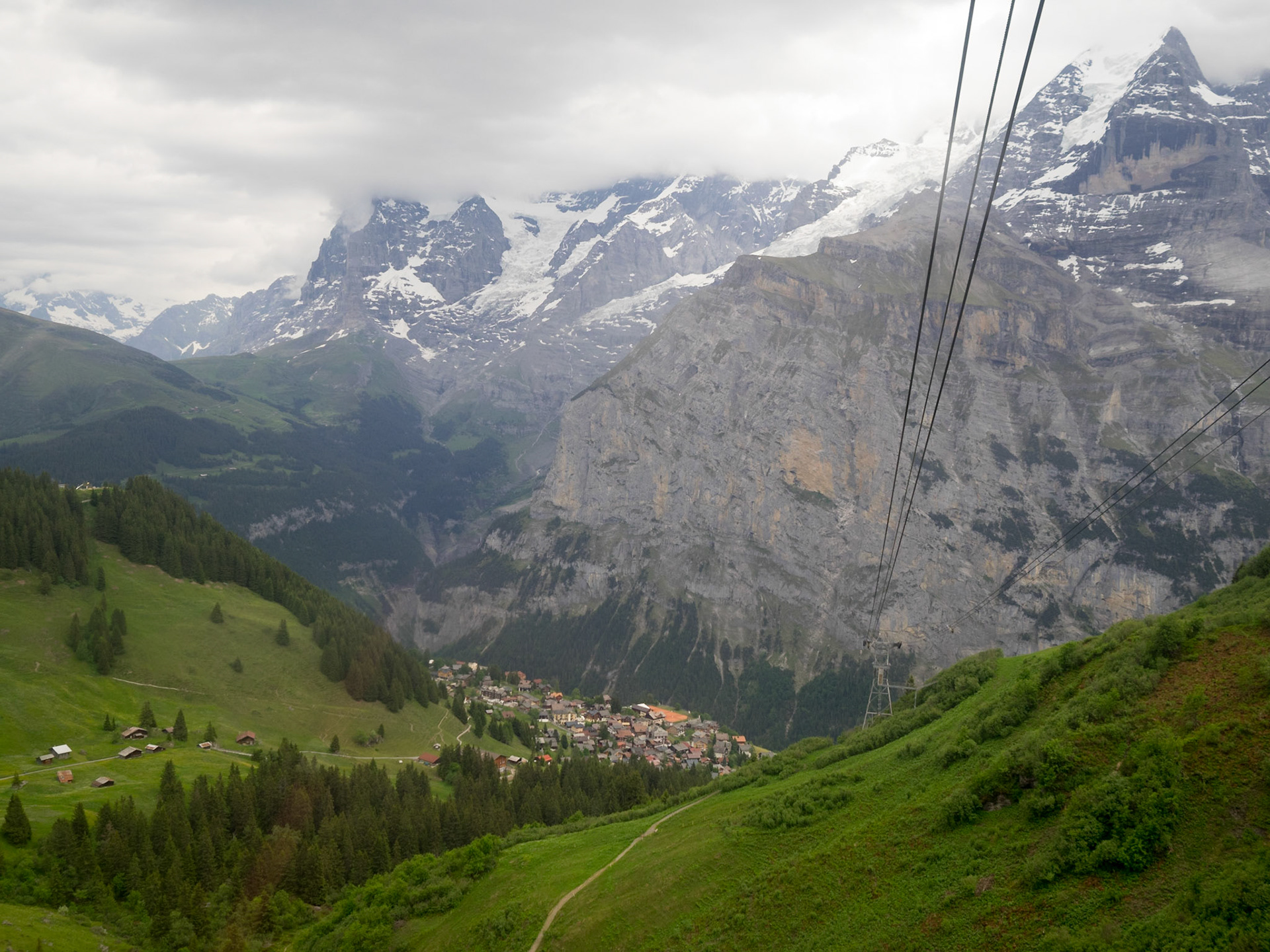 Murren seen from the cable car with the mountains above