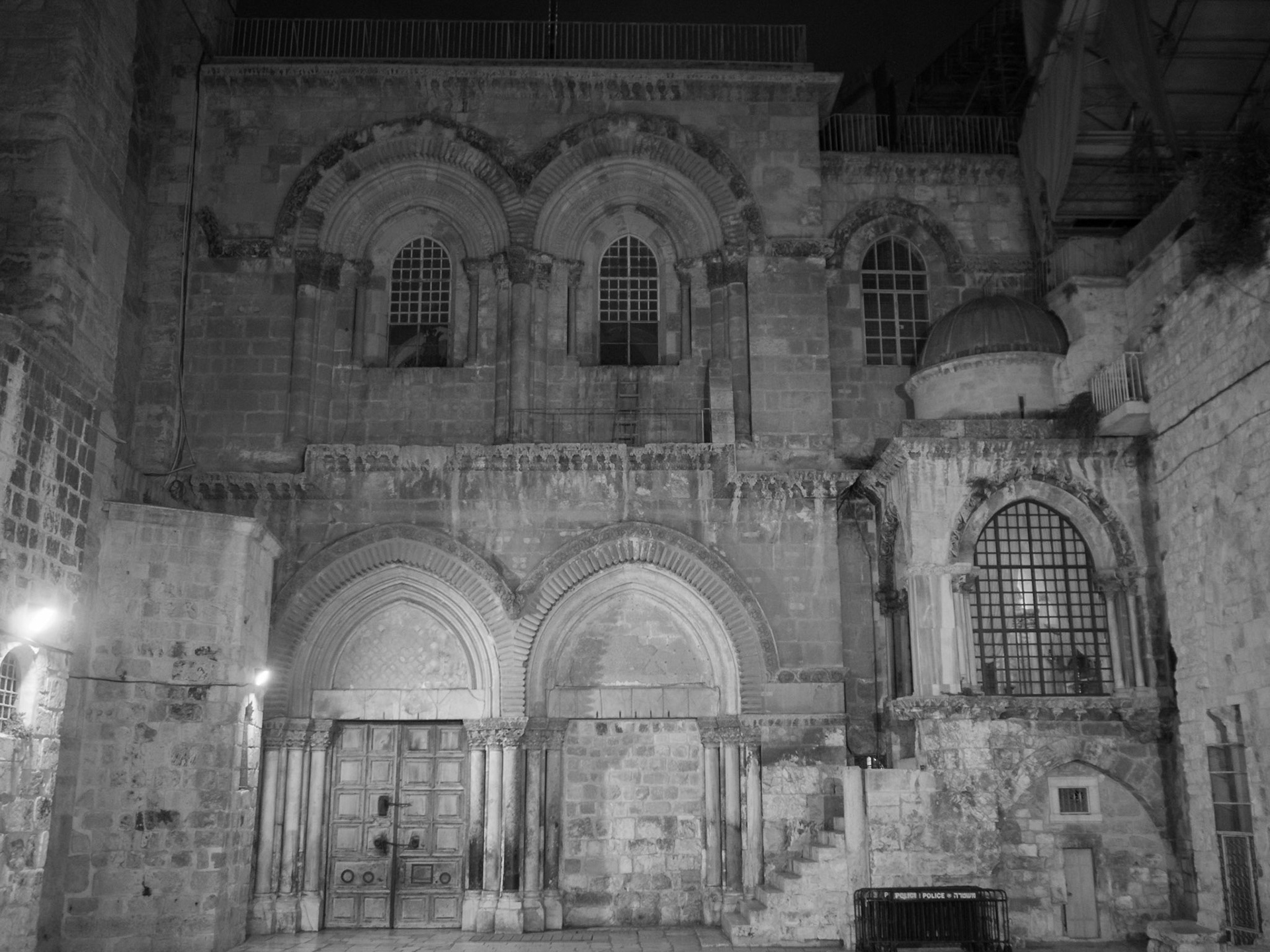 The Church of the Holy Sepulcher at night in black and white