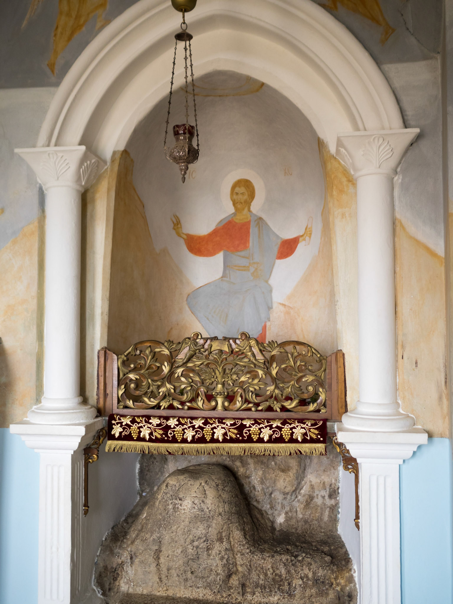 Christ wall fresco above the rock in the Monastery of the Temptation