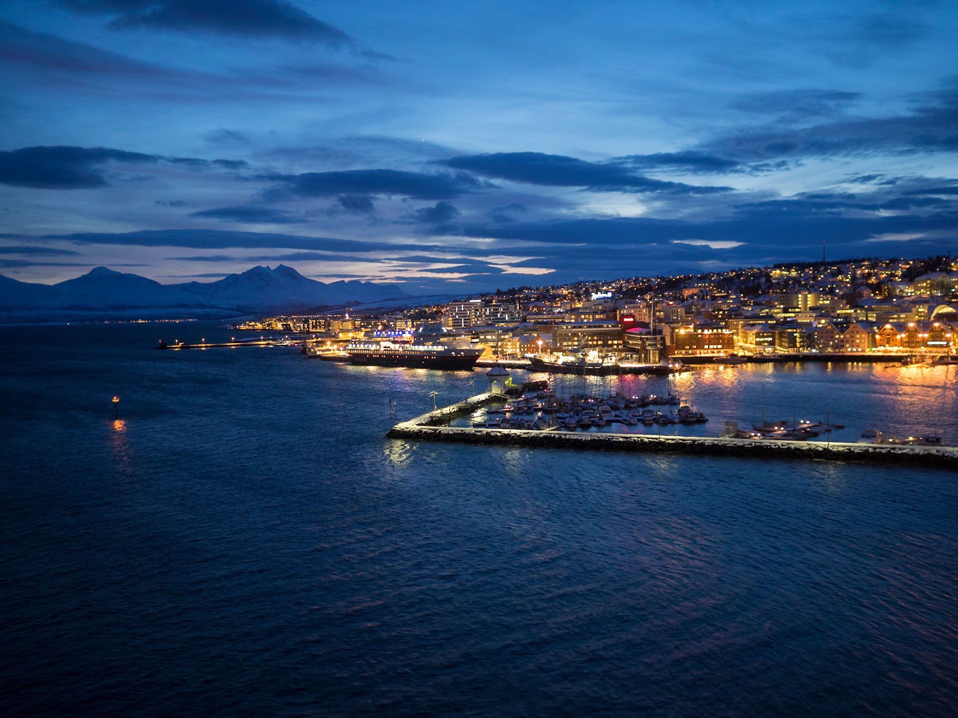 Tromso city light at dusk seen from the city bridge