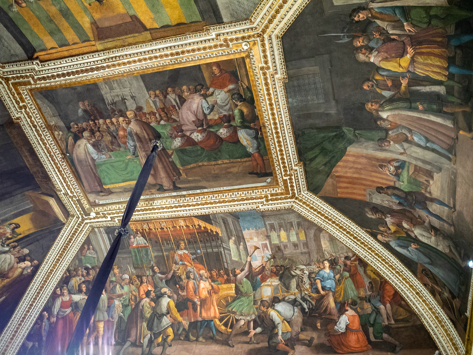 Naples Royal Palace Second antechamber, ceiling painting, Pope invests Alphonse with the kingdome of Naples, in the center, and below Alphonse enters Naples, both by by Belisario Corenzio