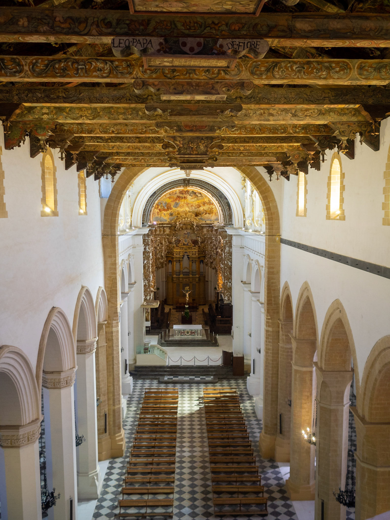 Duomo di Agrigento main nave seen from above close to the wooden carved ceiling