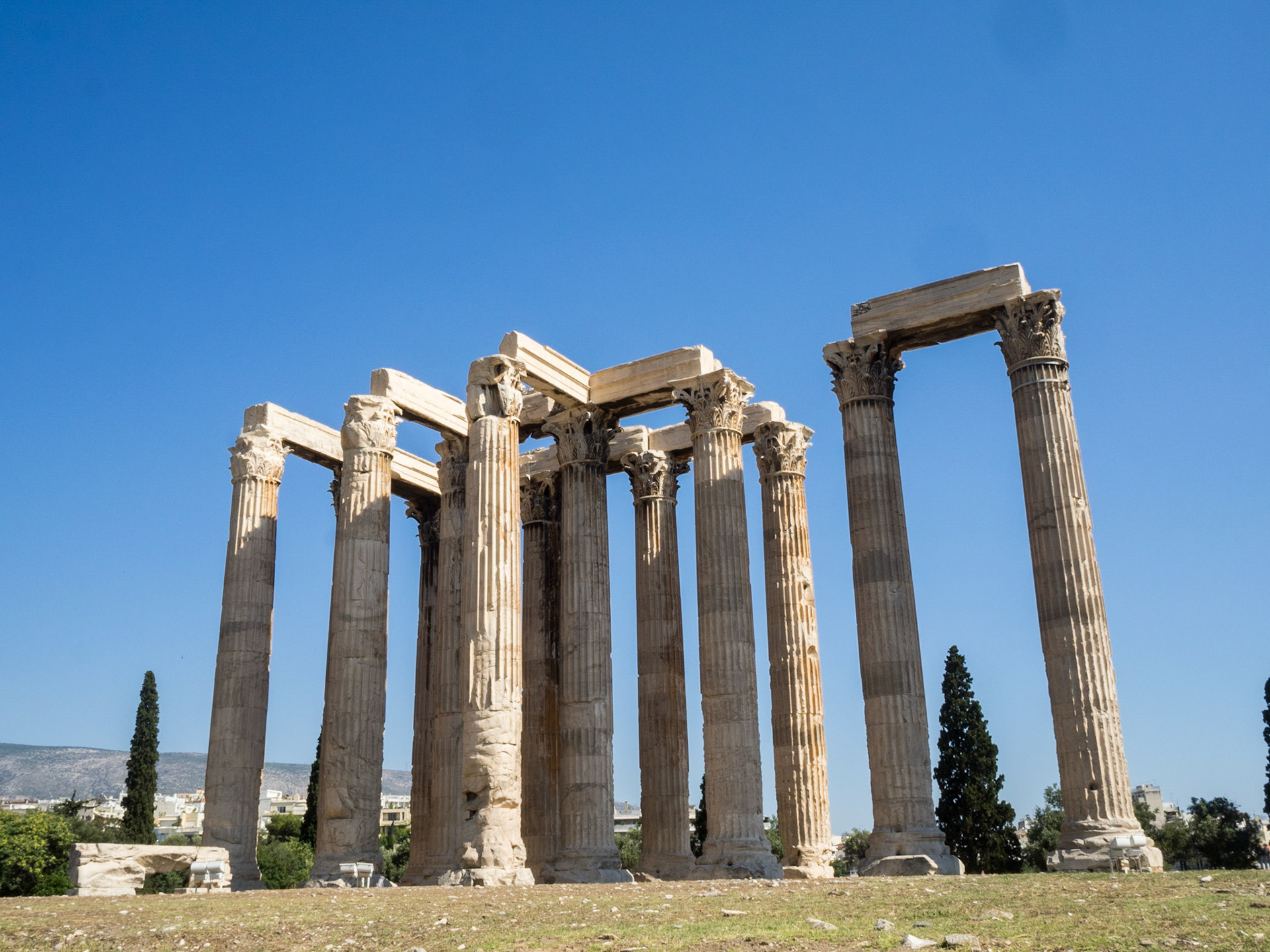 General view of the Olympian Zeus temple ruins in Athens
