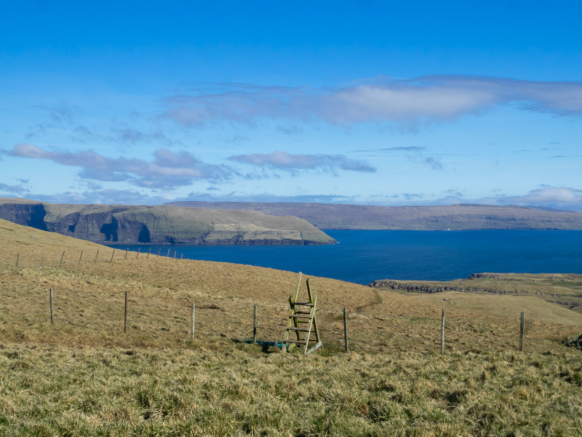 Grass fields of north Sandoy with Streymoy on the horizon