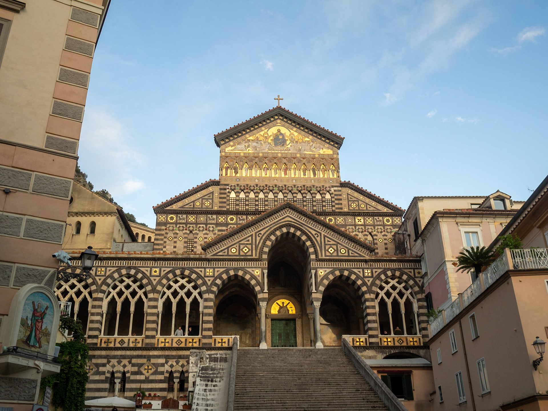 Amalfi Cathedral facade between the surrounding buildings