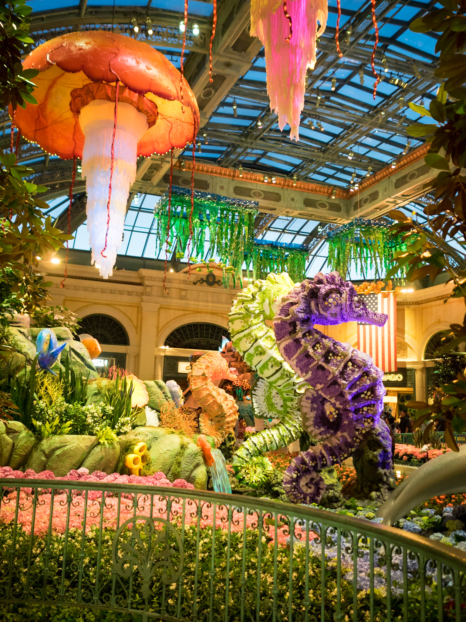 The kitsch aquatic decor of the Bellagio Hotel and Casino ground floor