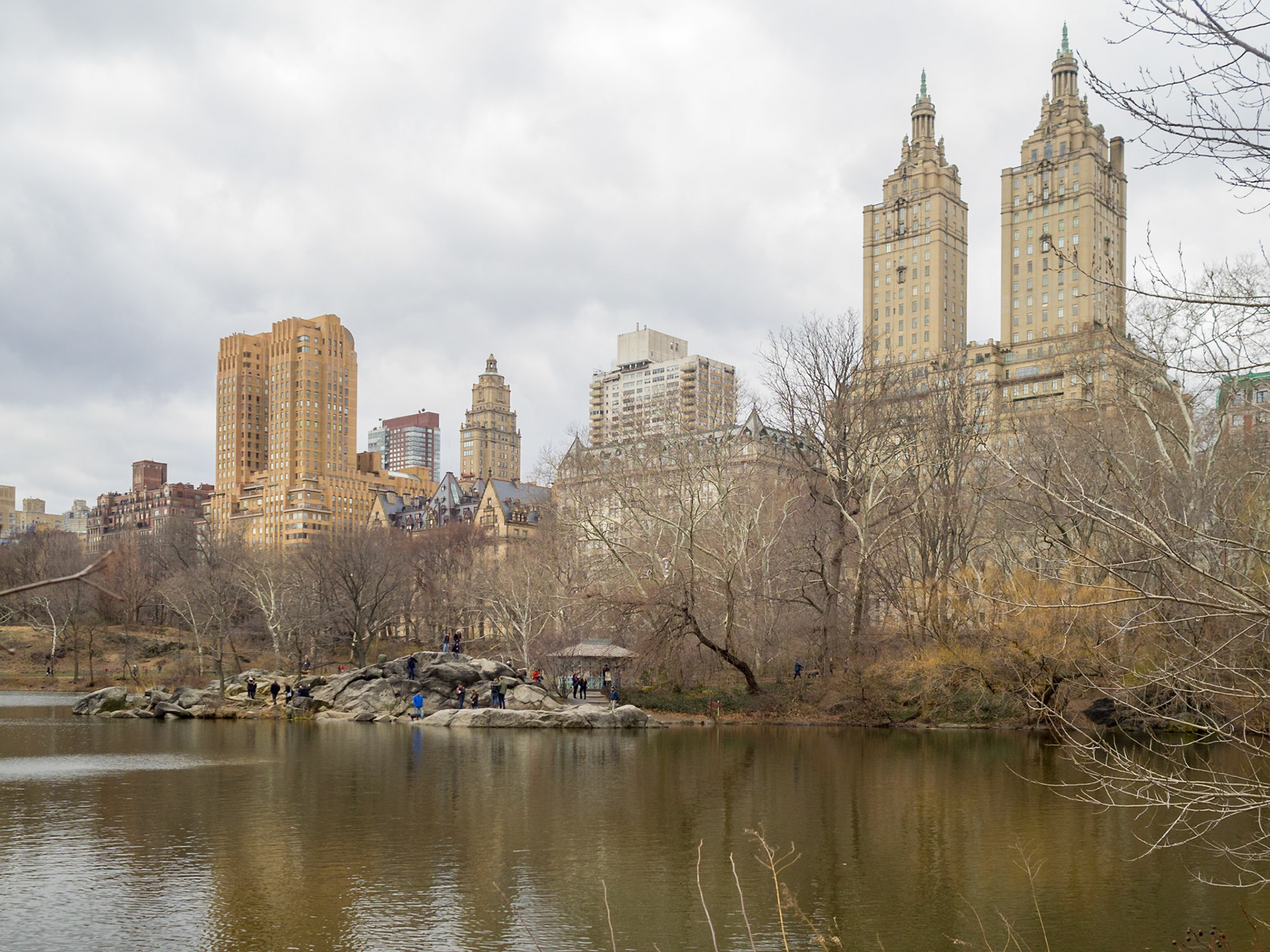 View across Central Park Lake to The San Remo and The Majestic Apartments skyscrapers