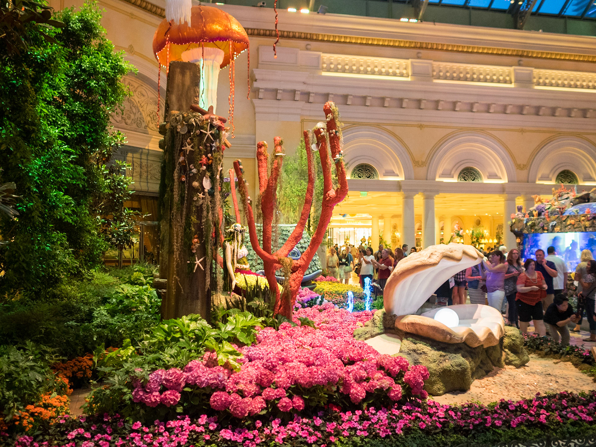 The kitsch aquatic decor of the Bellagio Hotel and Casino ground floor