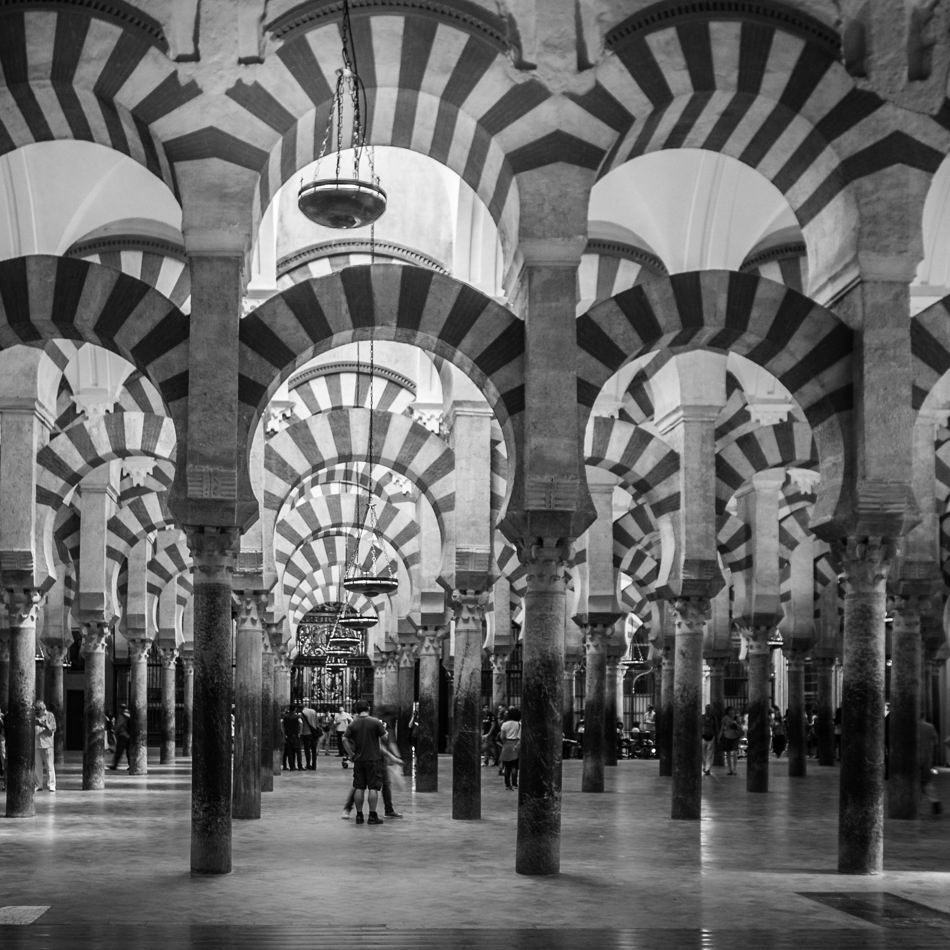 Black and white image of the columns of Mezquita-Catedral, Cordoba