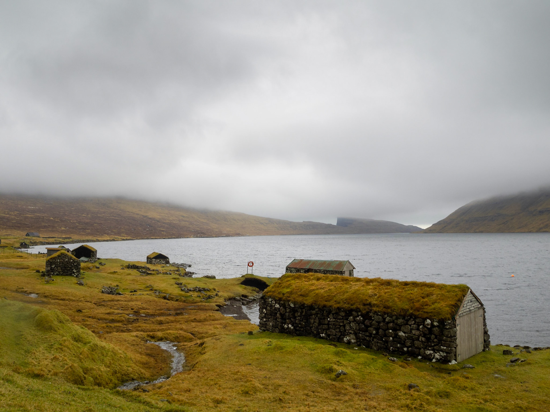 Turf roof boathouses by Sørvágsvatn lake