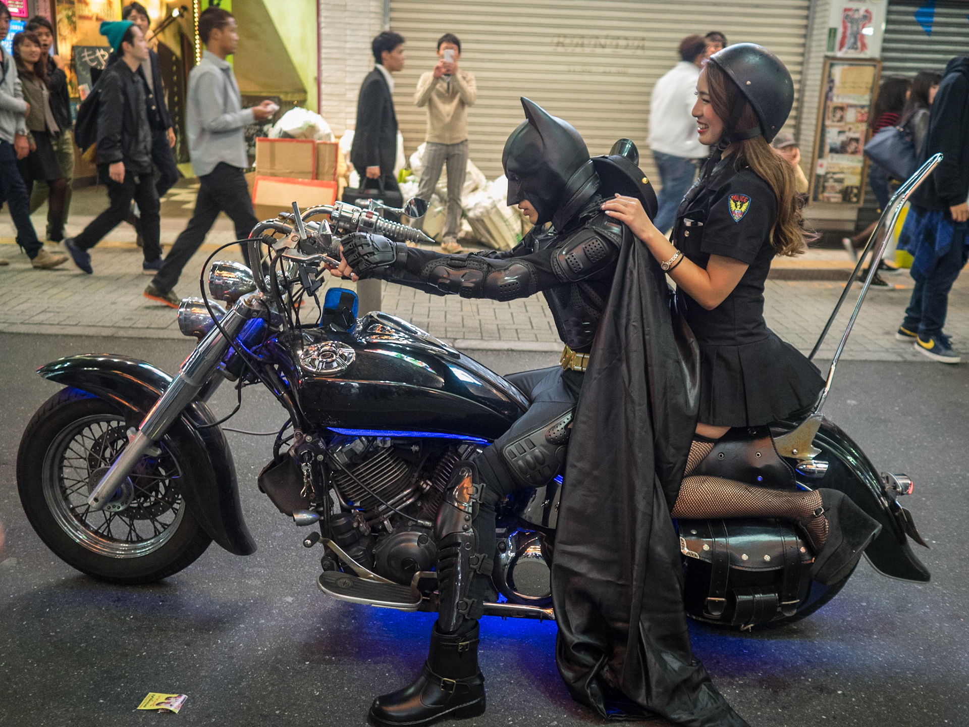 Batman in motorbike  in Halloween costumes in Shibuya