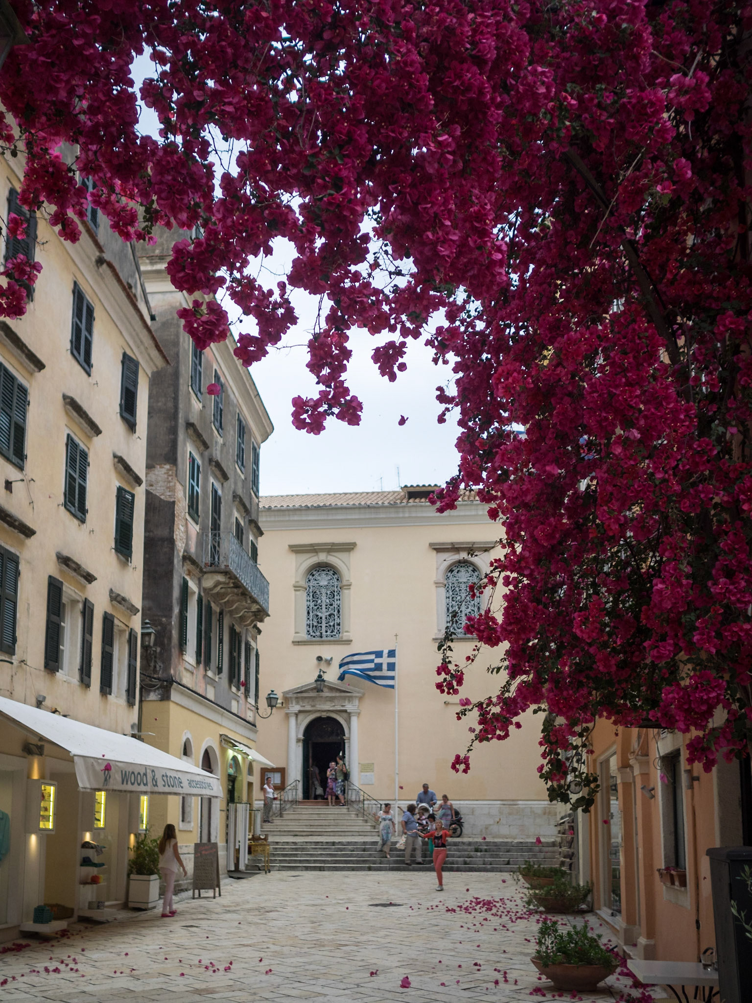 Corfu Town street with buganvilia