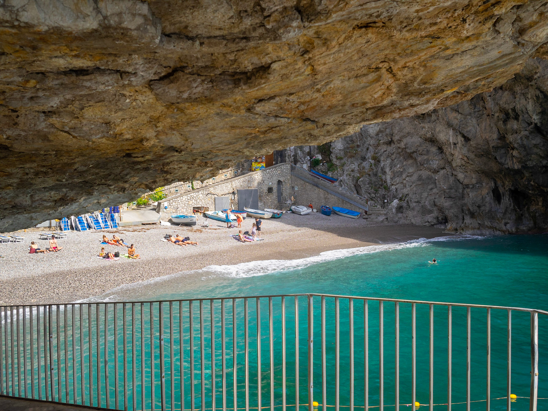 Marina di Praia beach seen below the rocks passage way, Amalfi Coast