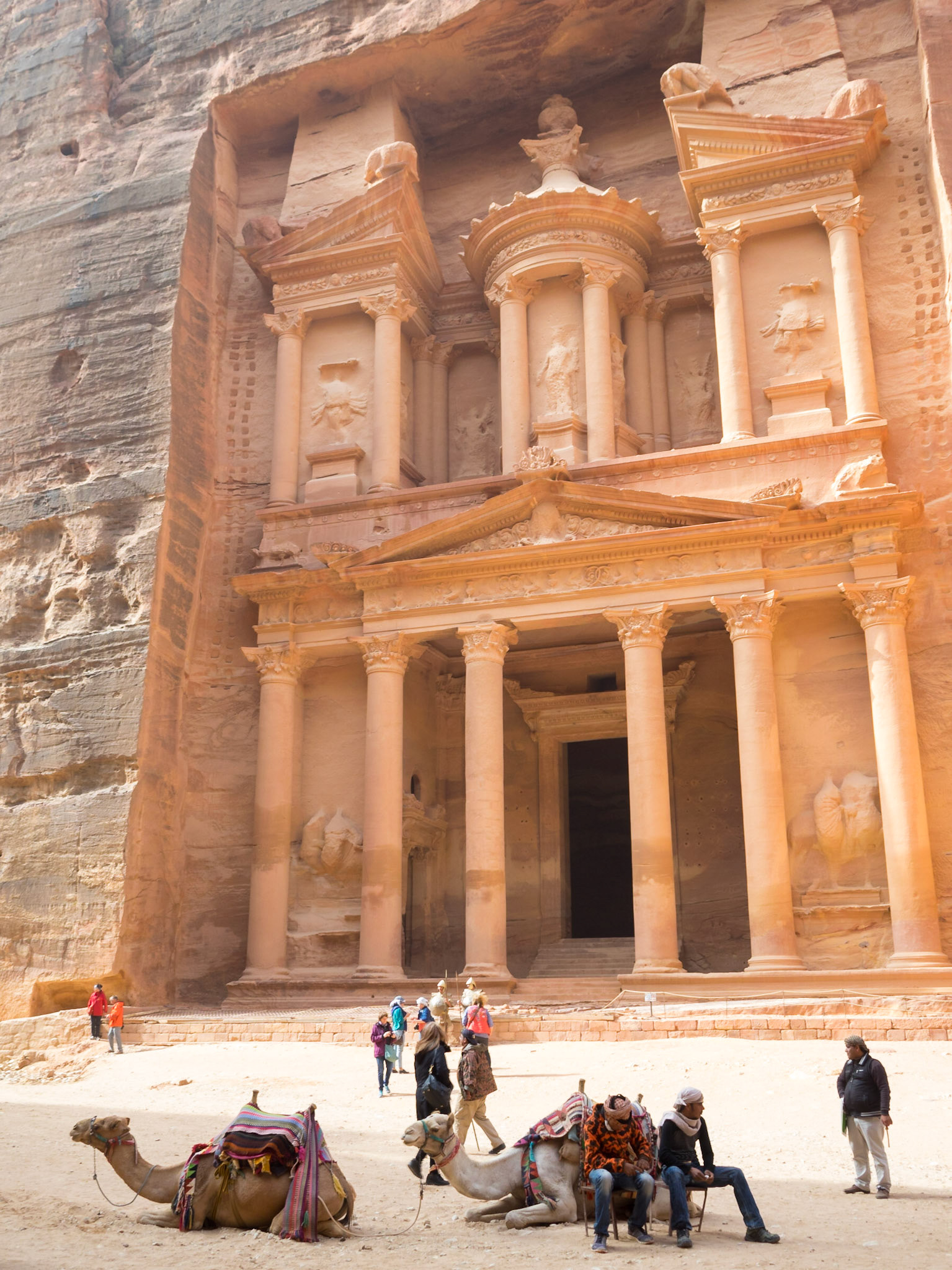 Camels and tourist by Petra Treasury