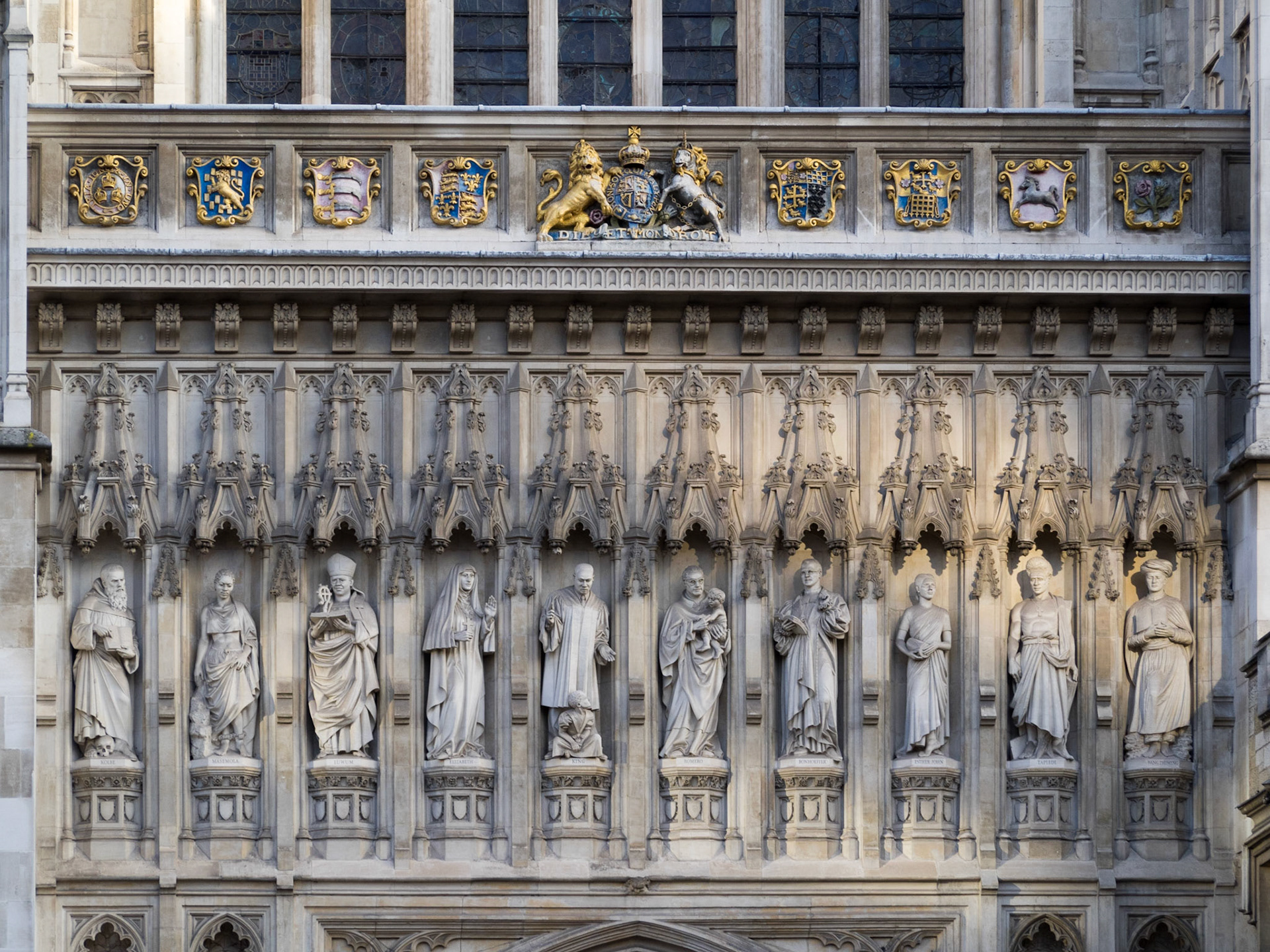 Westminster Abbey facade detail with saints sculptures