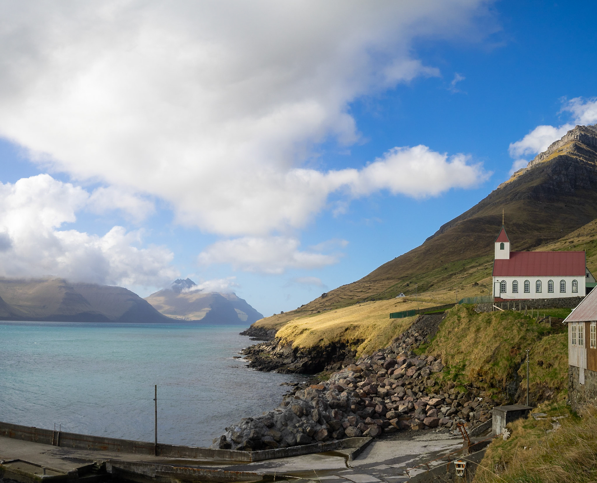 Kunoyar church by Kalsoyarfjørður fjord