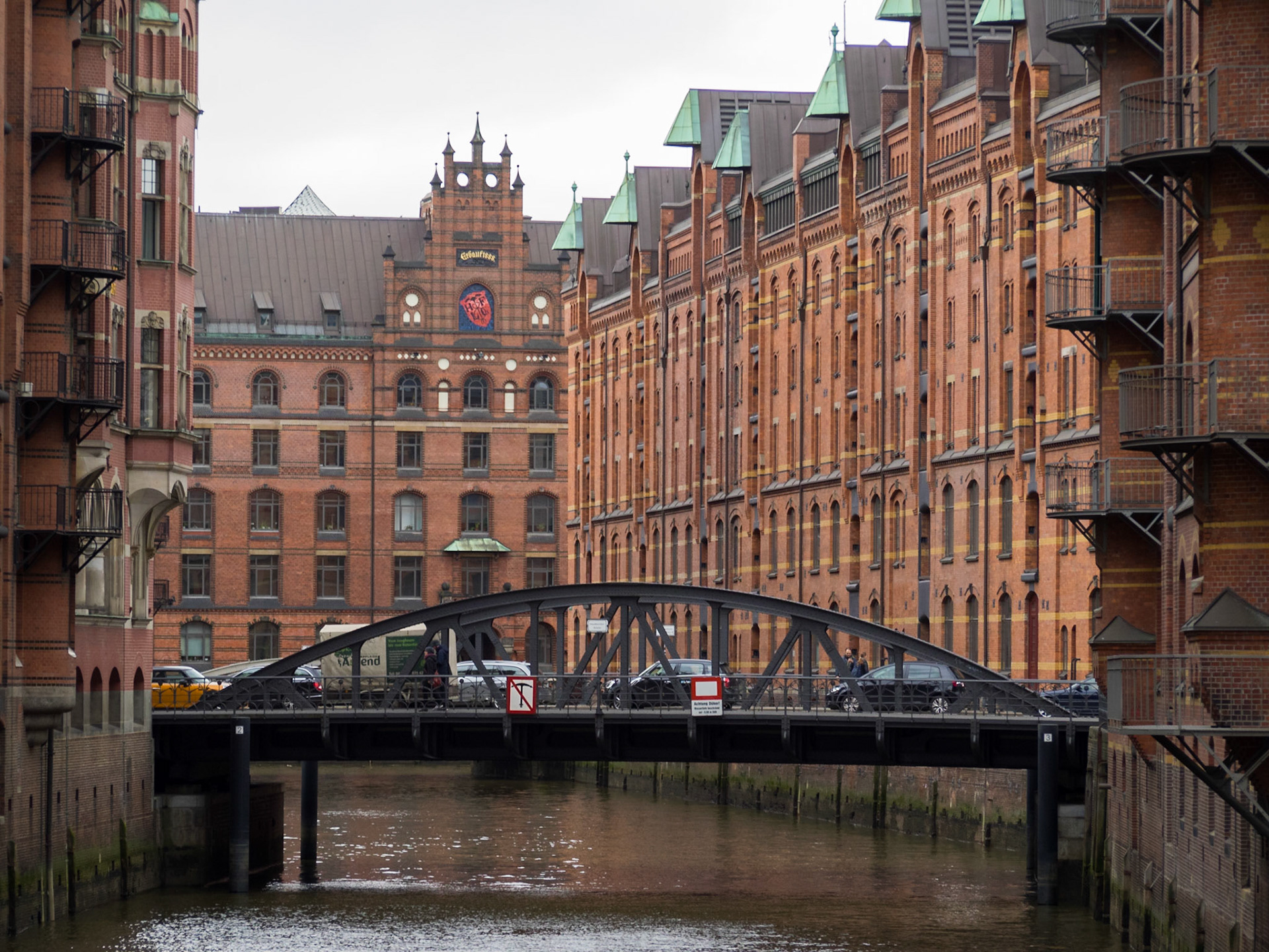 Hafen City red brick buildings, canal and bridge