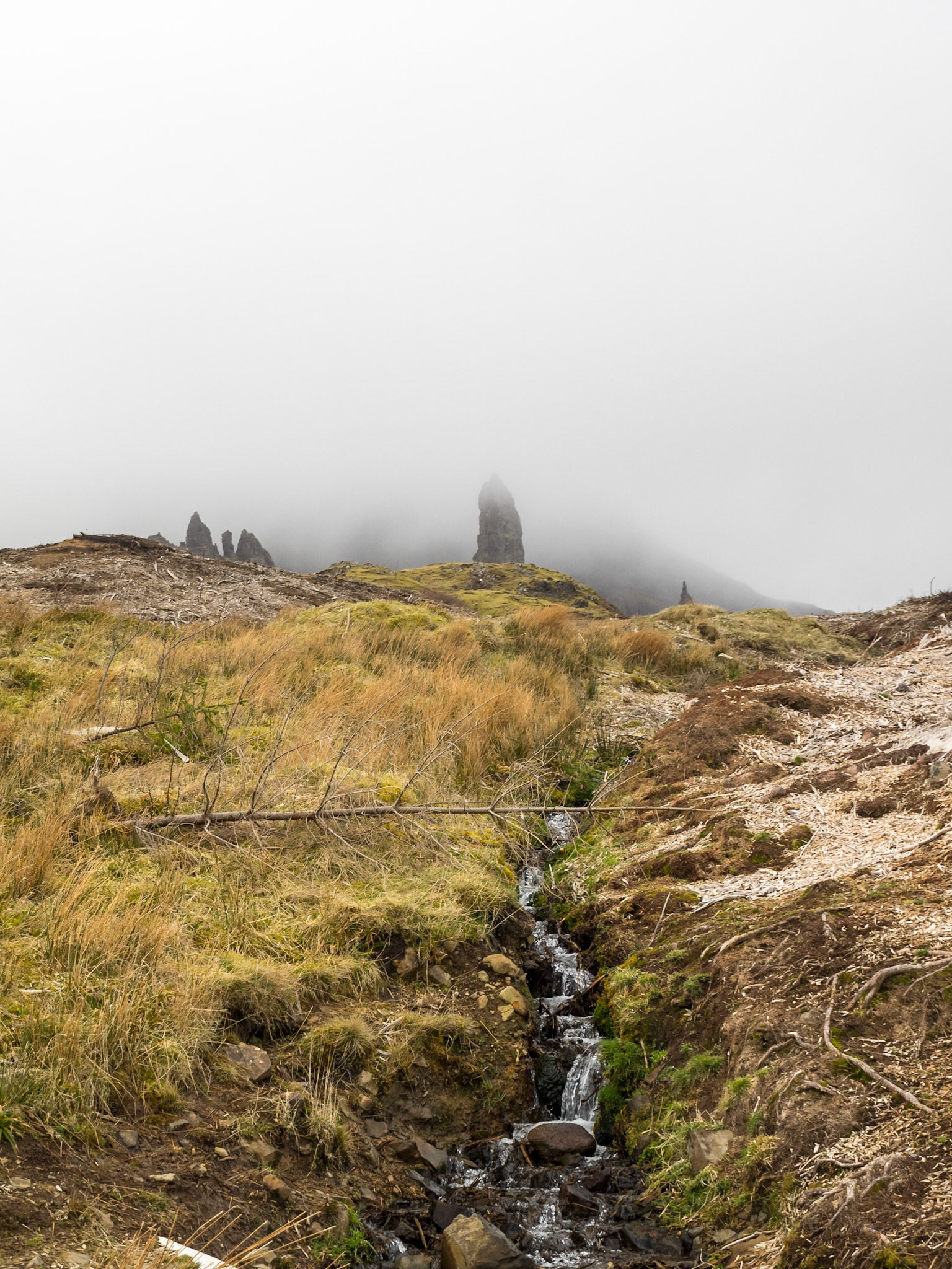 Old Man of Storr in the fog with water stream in foreground