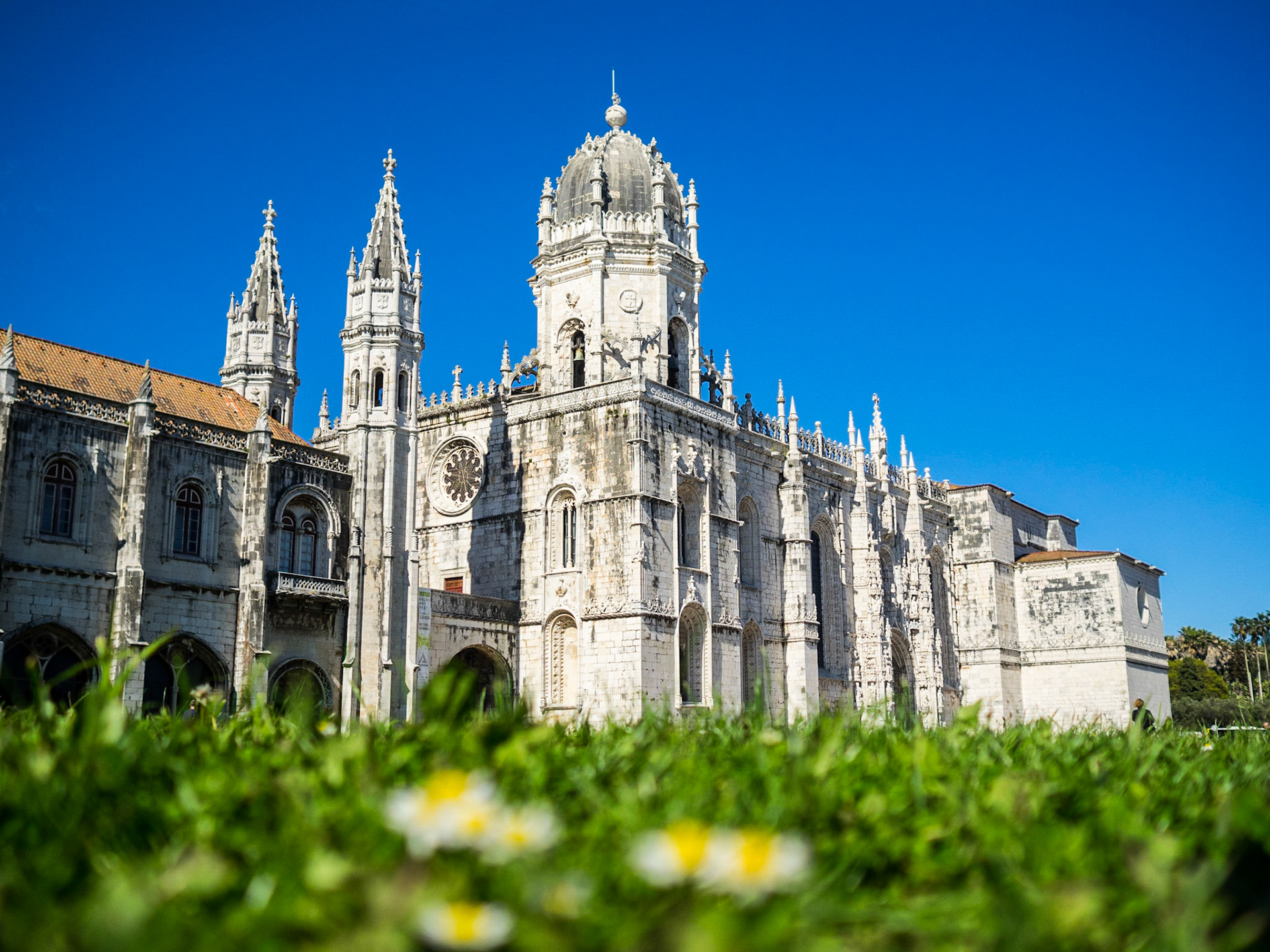 Jeronimos monastery with marigolds in foreground