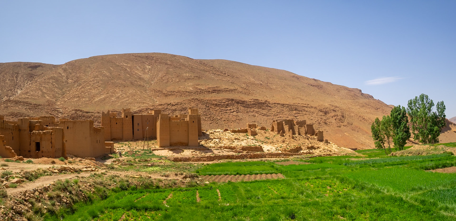 Tamtetoucht kasbah and green crop fields below the High Atlas mountains ochre, Morocco