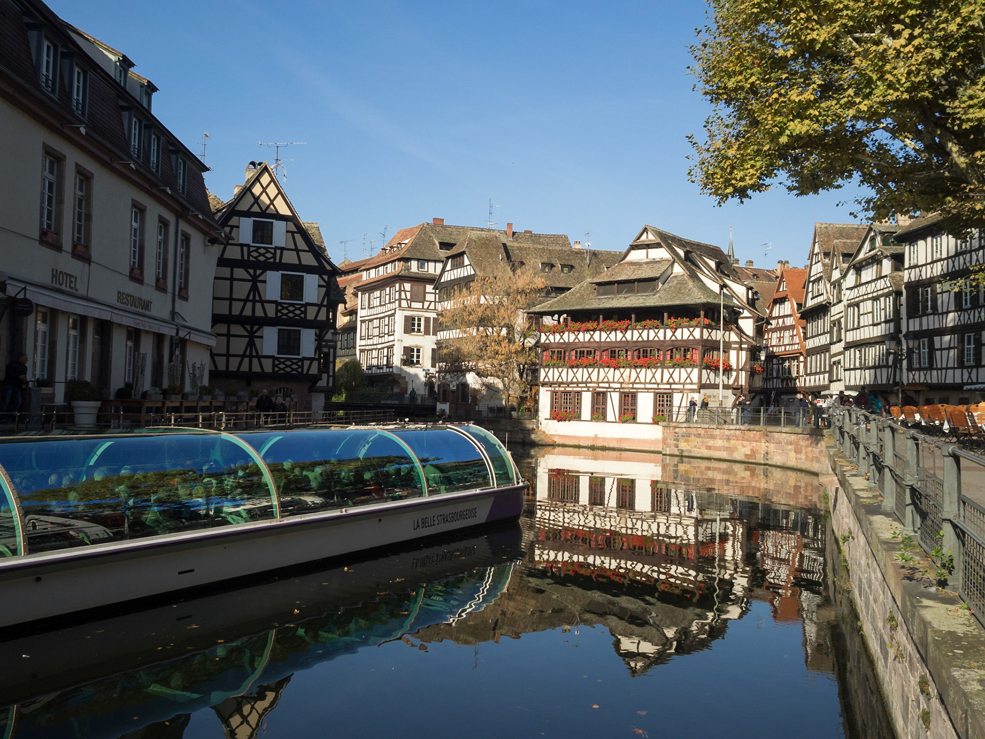 Tourist boat in Ill River in Petit-France, Strasbourg