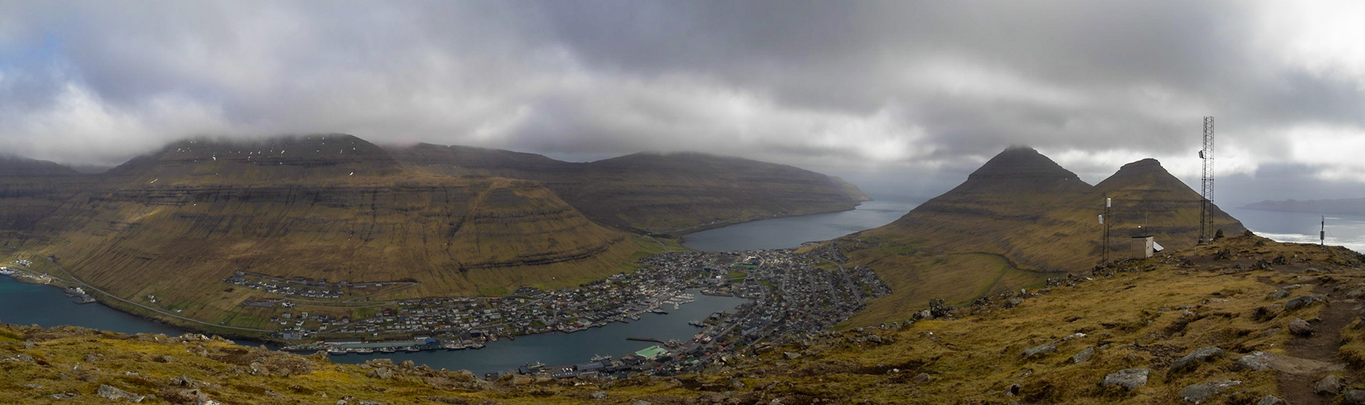 Klaksvík sitting between the two sea inlets seen from Klakkur mountain top hiking path