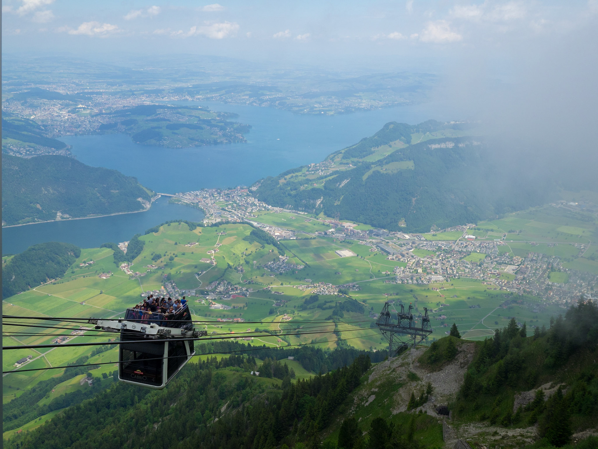 CabriO cable car to Stanserhorn with Lake Luzern in background