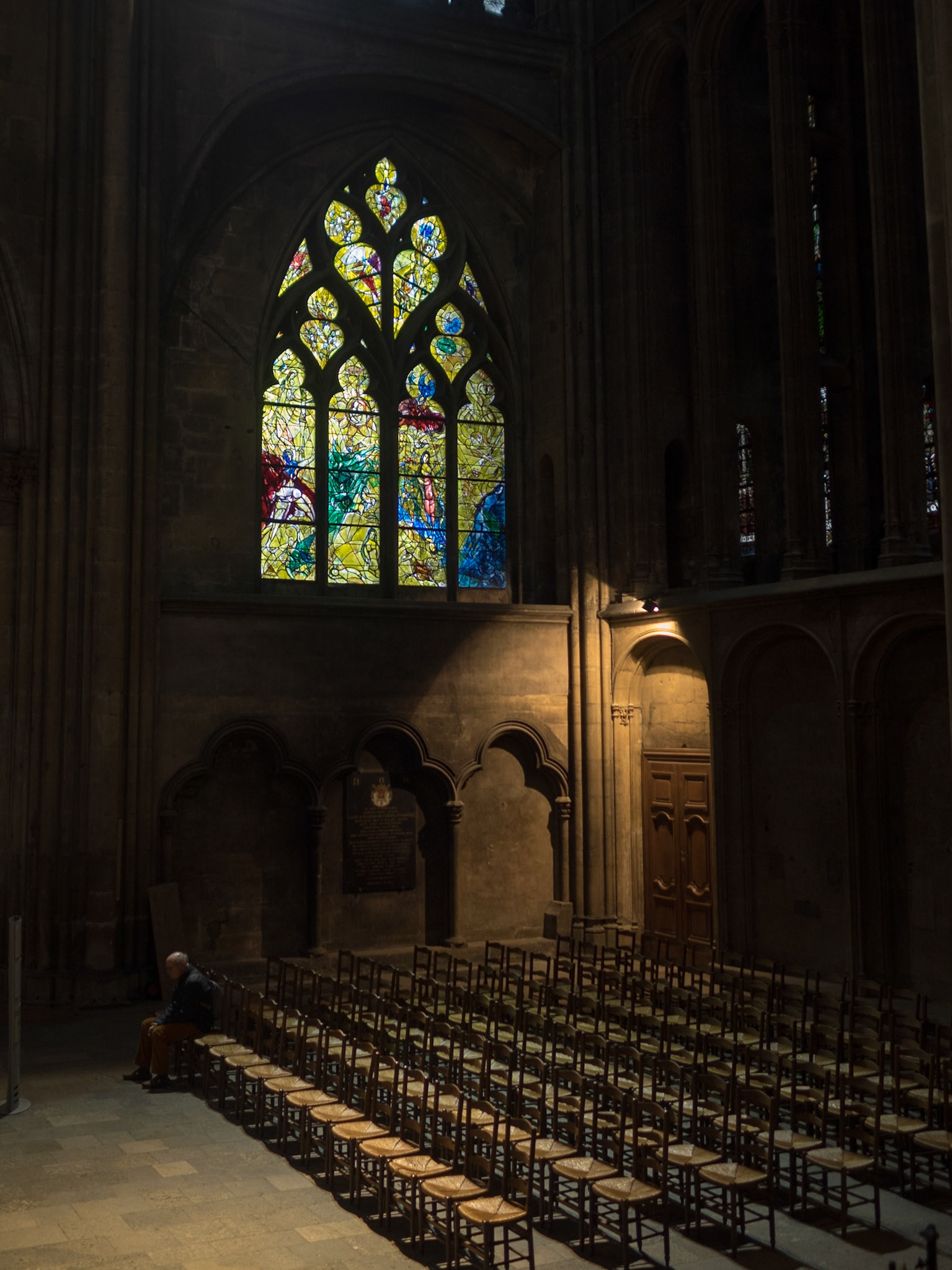 Calm under Marc Chagall stained glass window in Saint-Etienne Cathedral, Metz