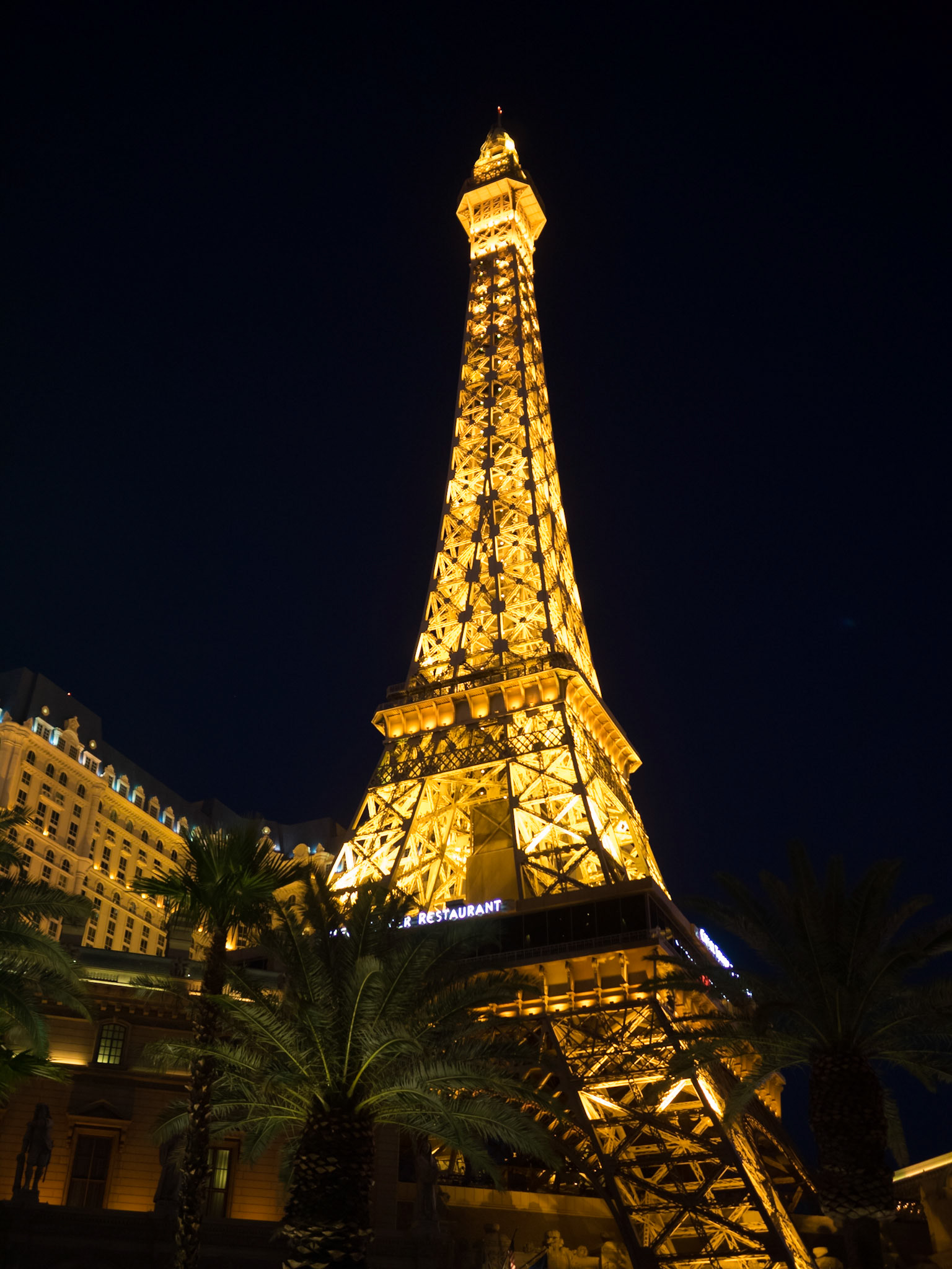 The Paris Las Vegas Eiffel Tower lite up at night