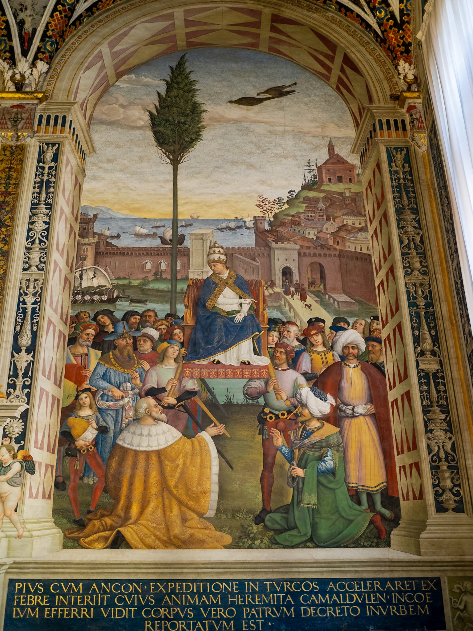 Pius II arrives in Ancona to launch the crusade, by Bernardino di Betto, Piccolomini Library, Siena Cathedral