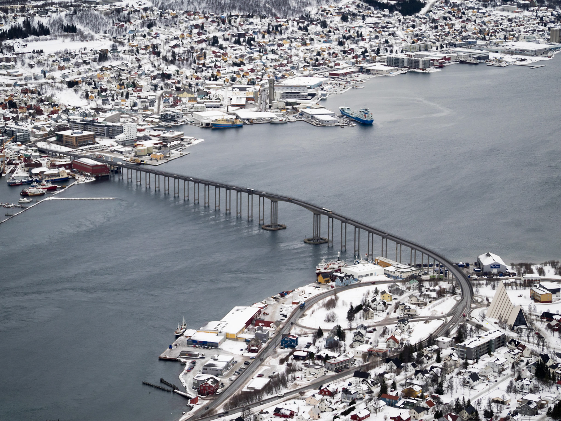 Winter view of Tromso city and bridge