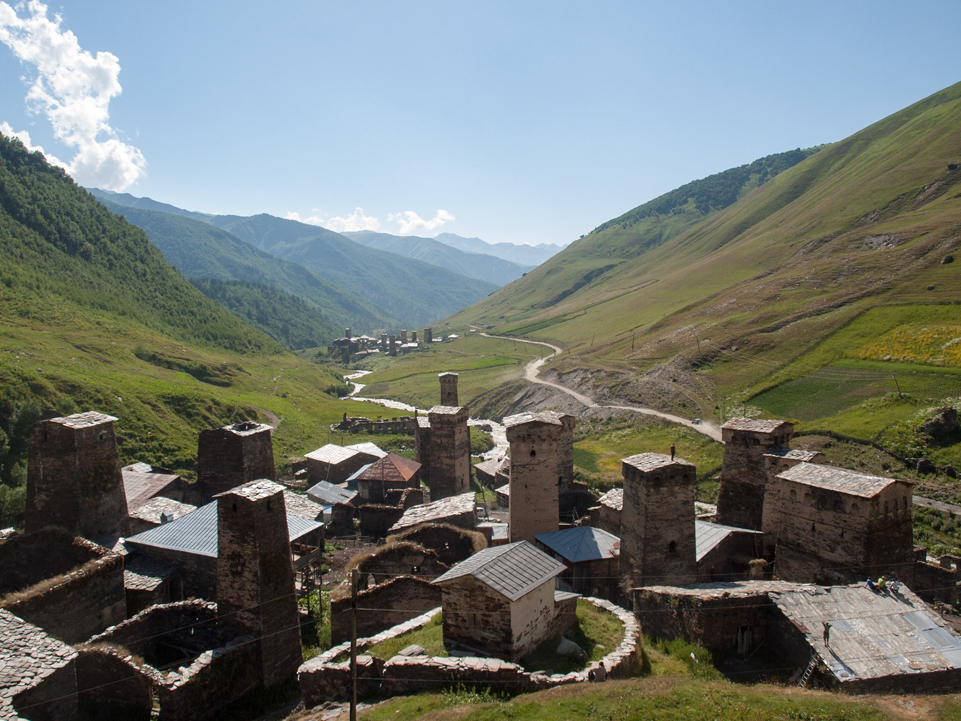 Ushguli village with mountain contour