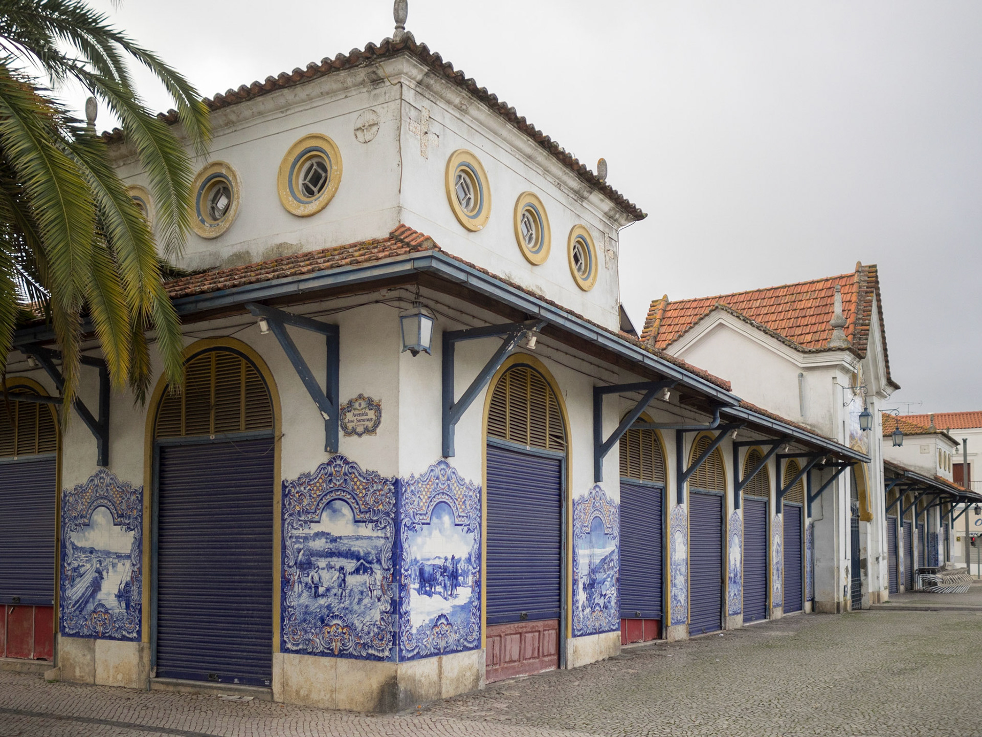 Santarem market building decorated with blue and white tiles