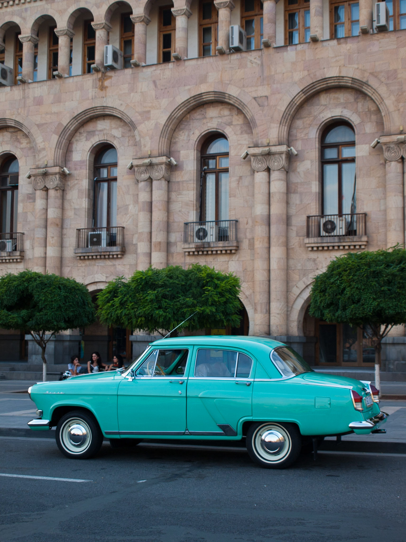Old bright blue car in Yerevan's Republic Square