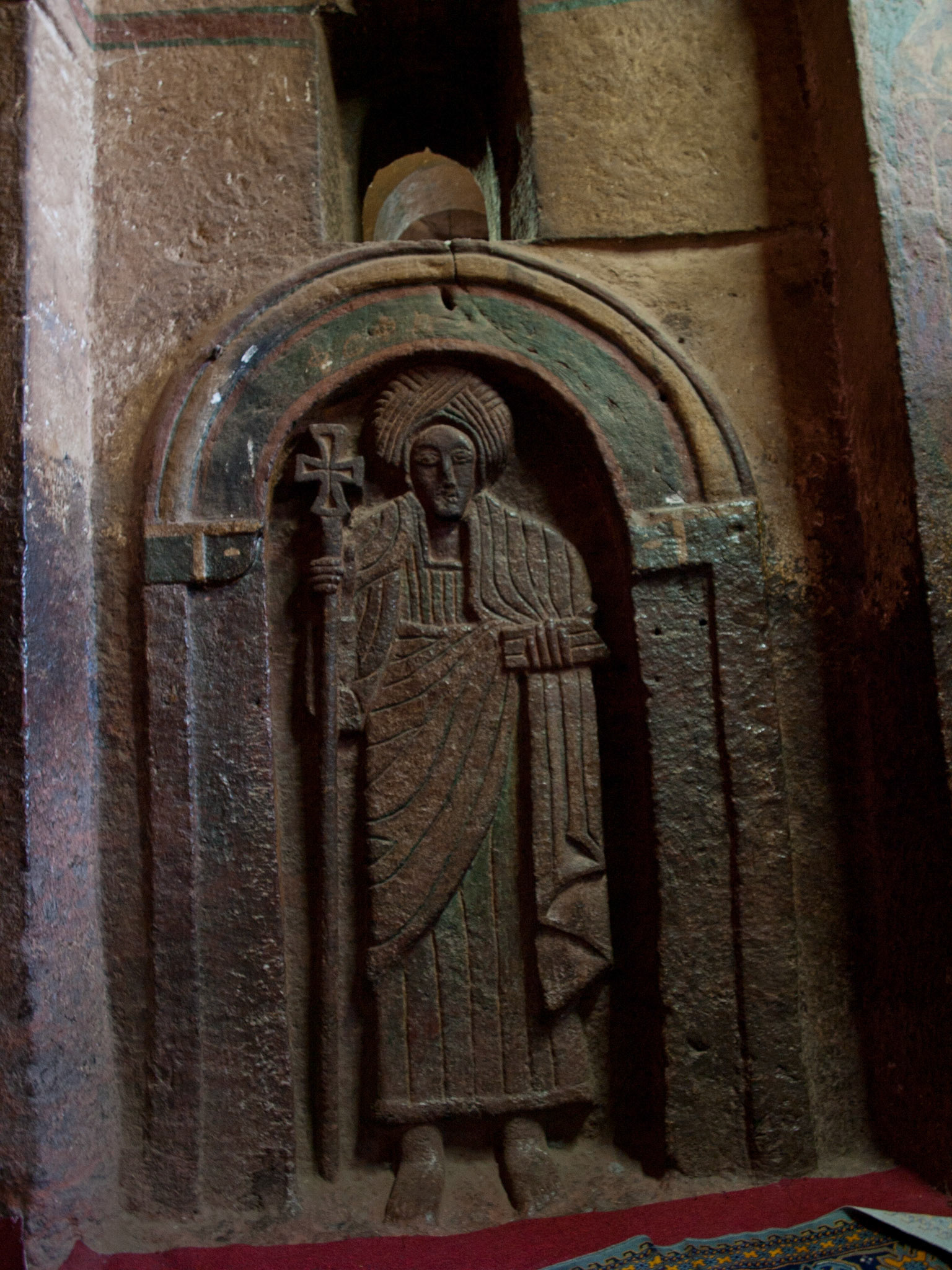 Saint image carved in the Tomb of Christ in Bet Golgotha church in Lalibela