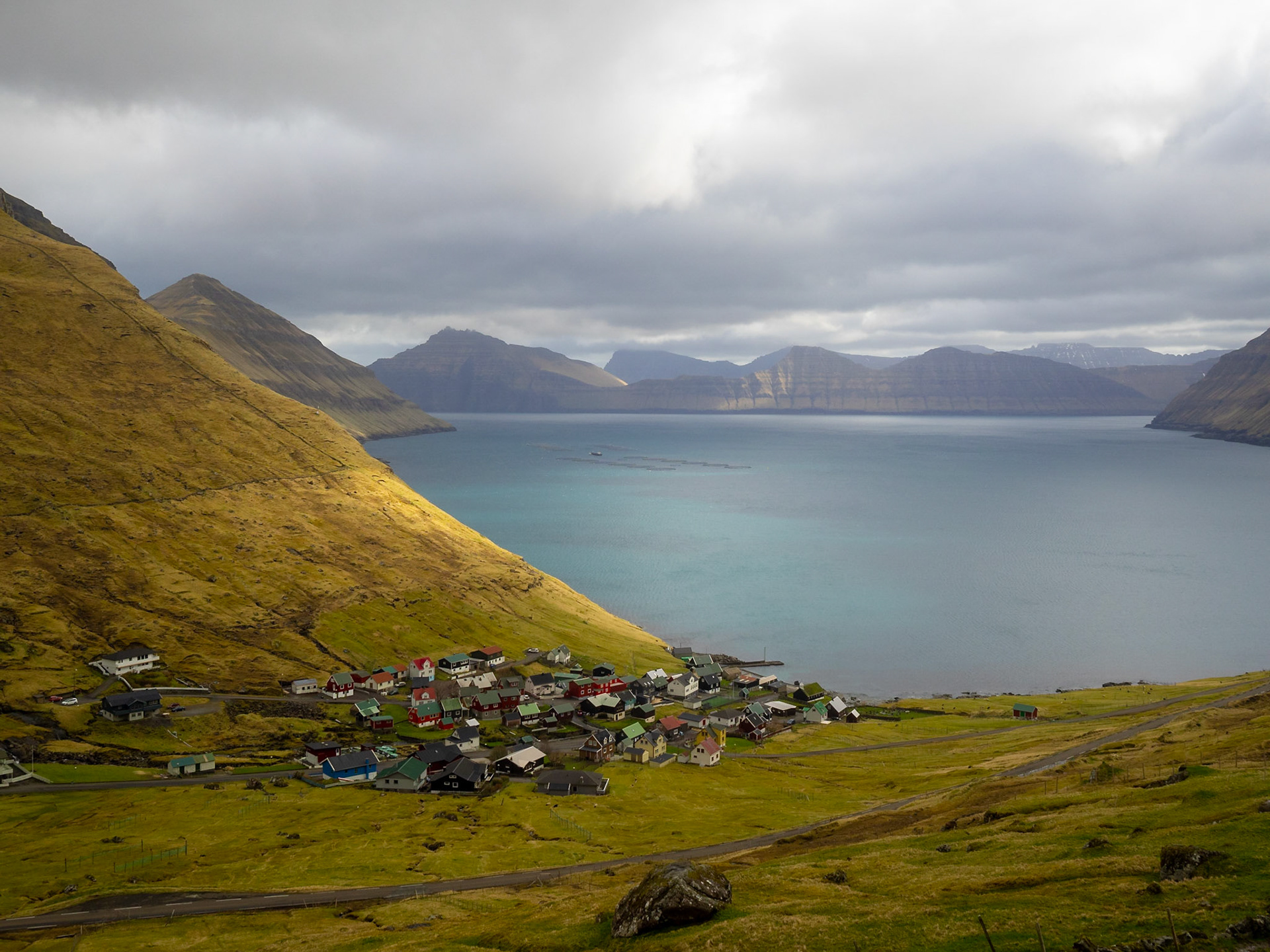 Funningur hamlet by the fjord with Kalsoy in background