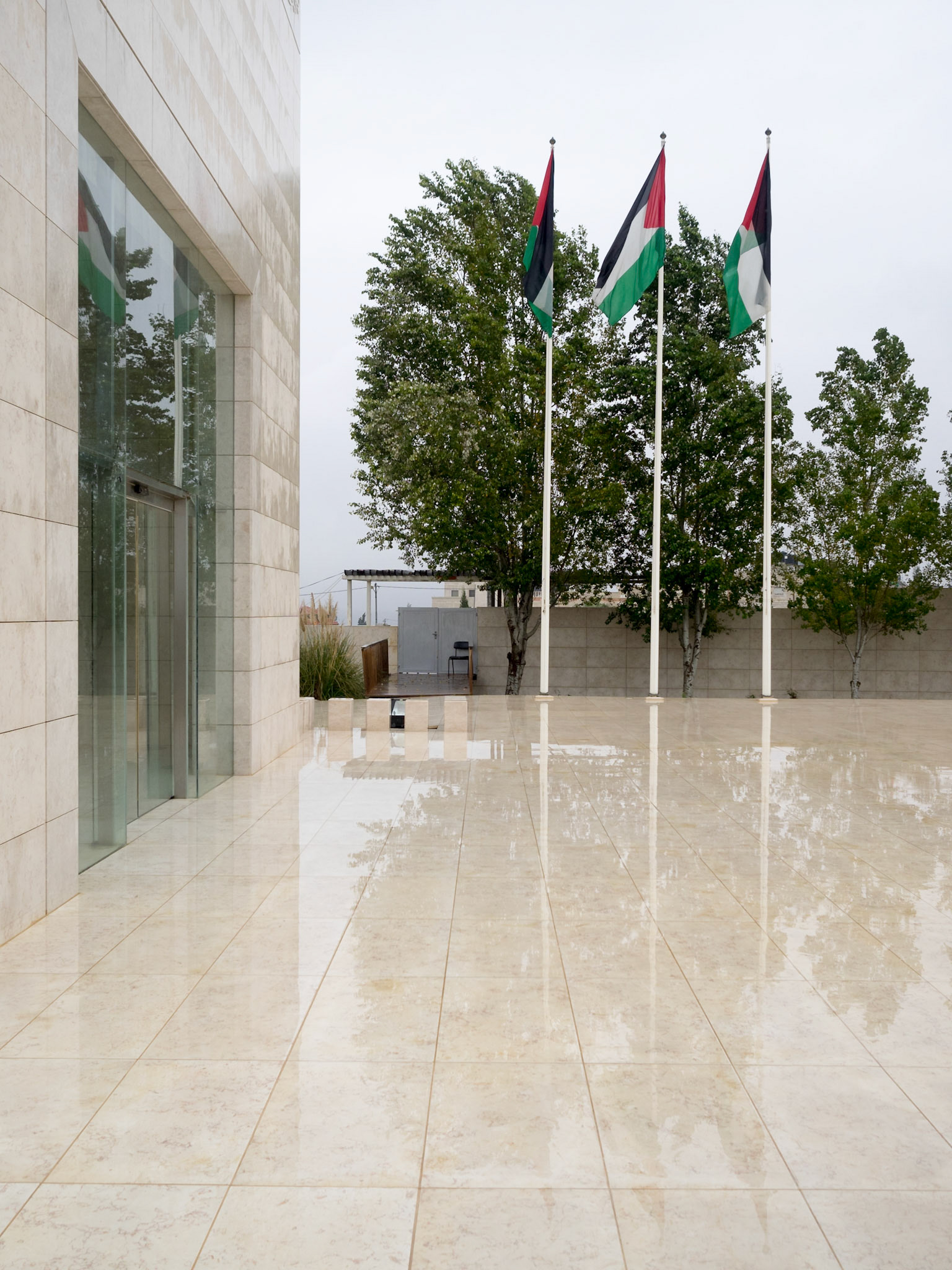 Palestinian flags by the entrance to Yasser Arafat mausoleum