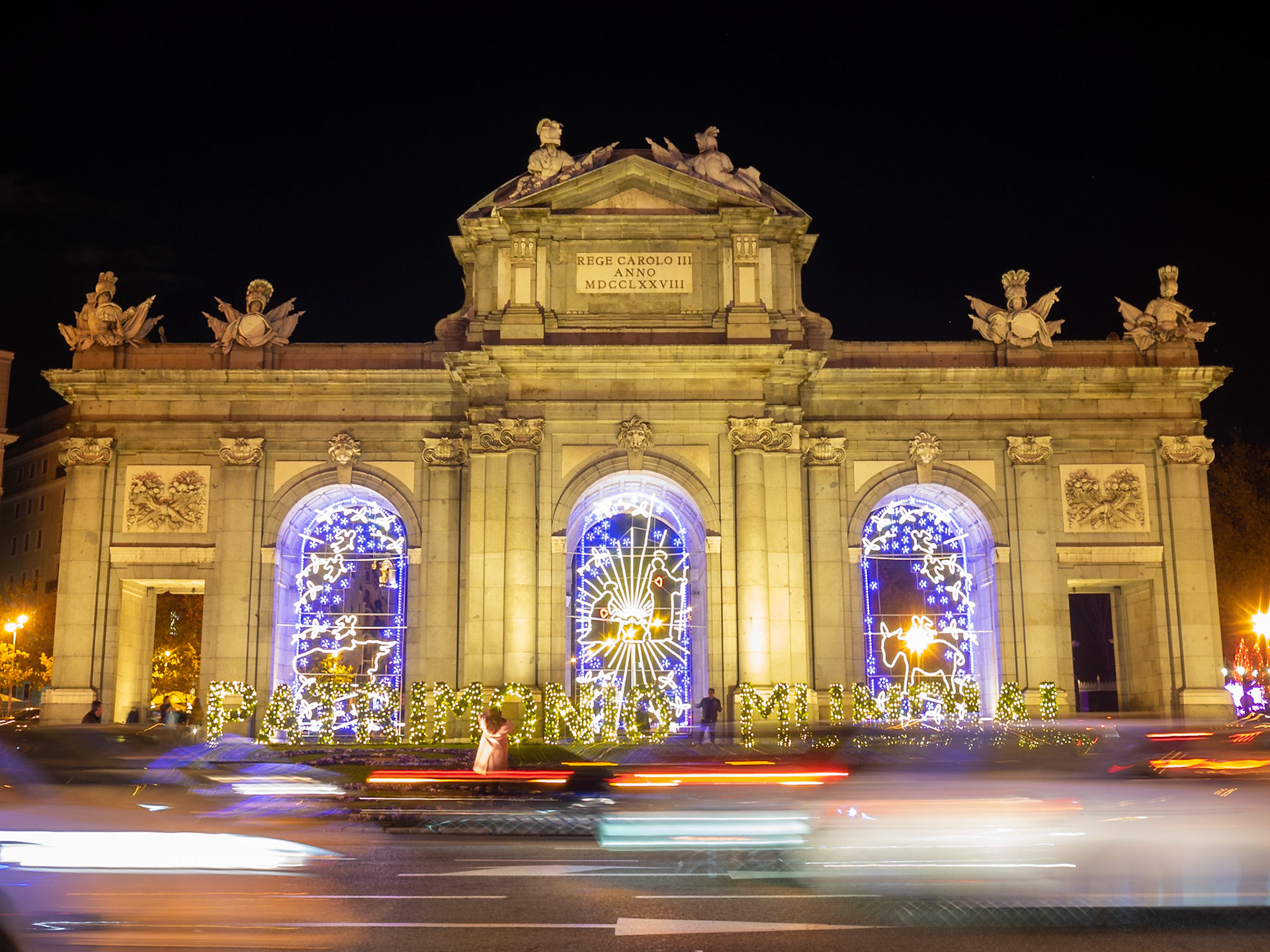 Puerta de Alcala arch decorated for Christmas, Madrid