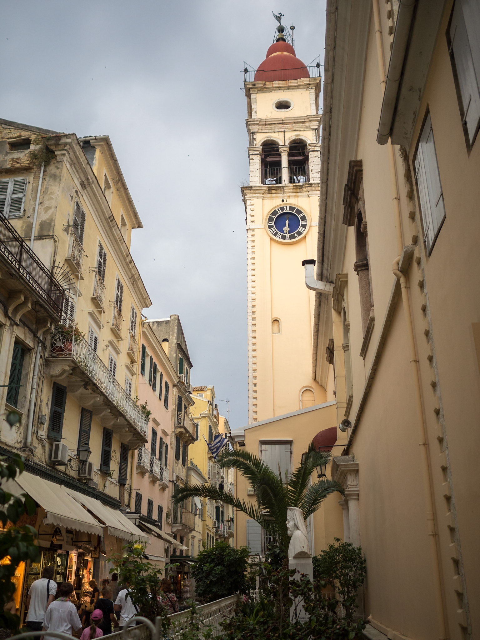 Agios Spyridon church tower over Corfu town street