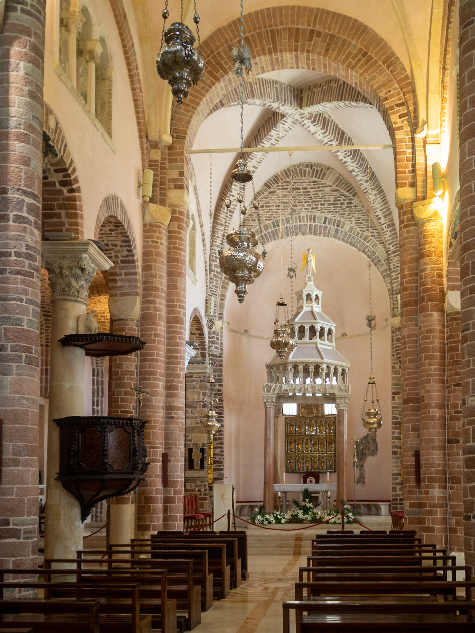 Kotor Cathedral interior looking at the altar and ciborium, Montenegro