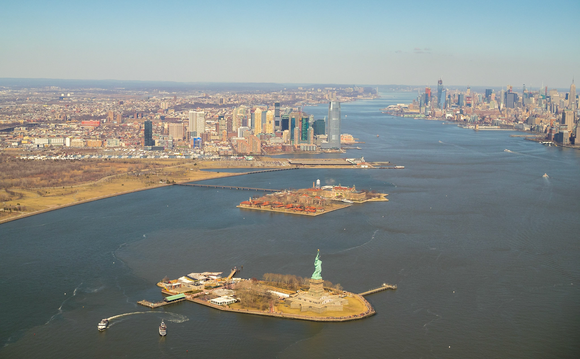 Ellis and Liberty Islands with Hudson River in background seen from the sky