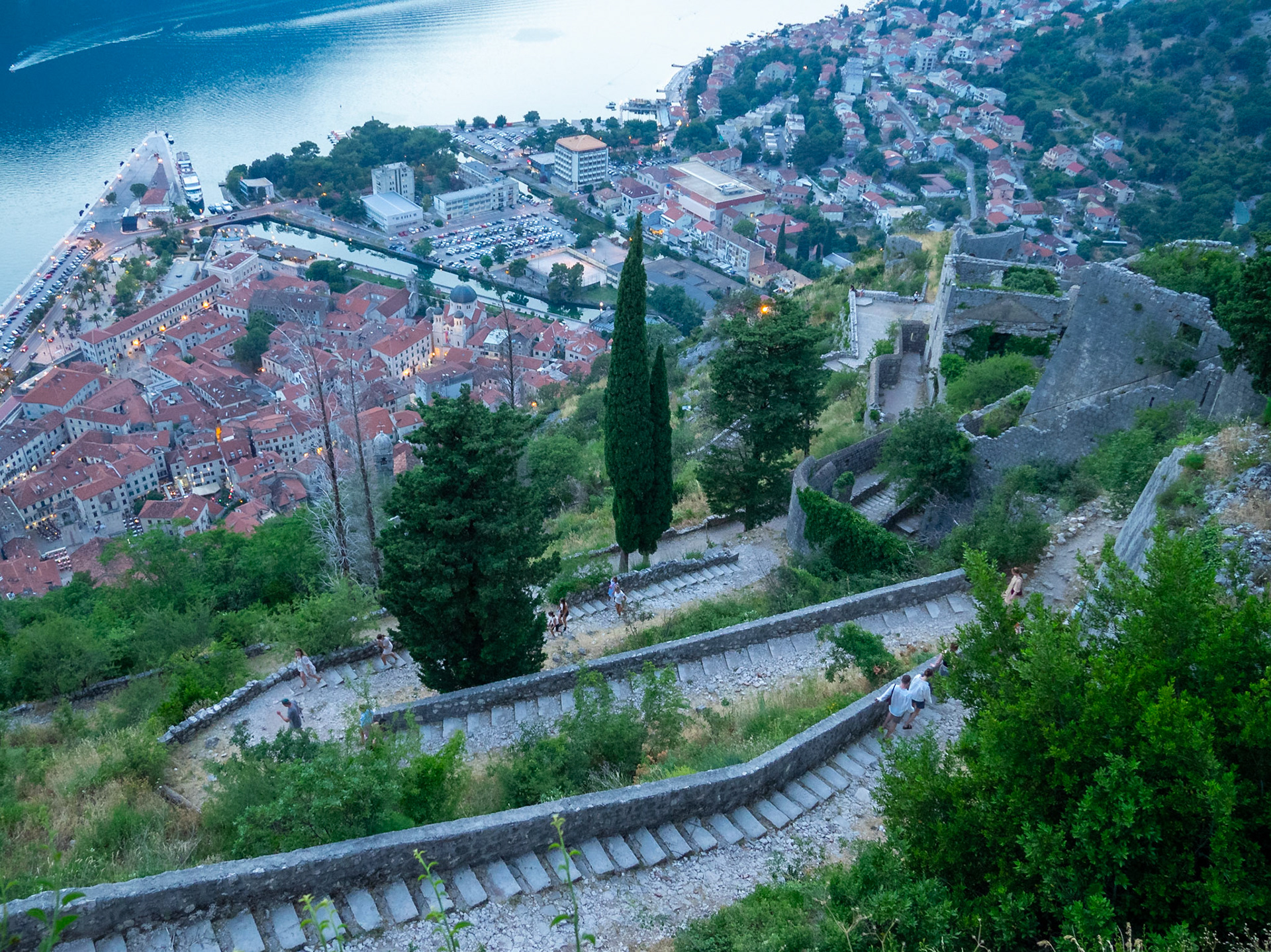 The staircase of Kotor fortress walls up the mountain, Montenegro