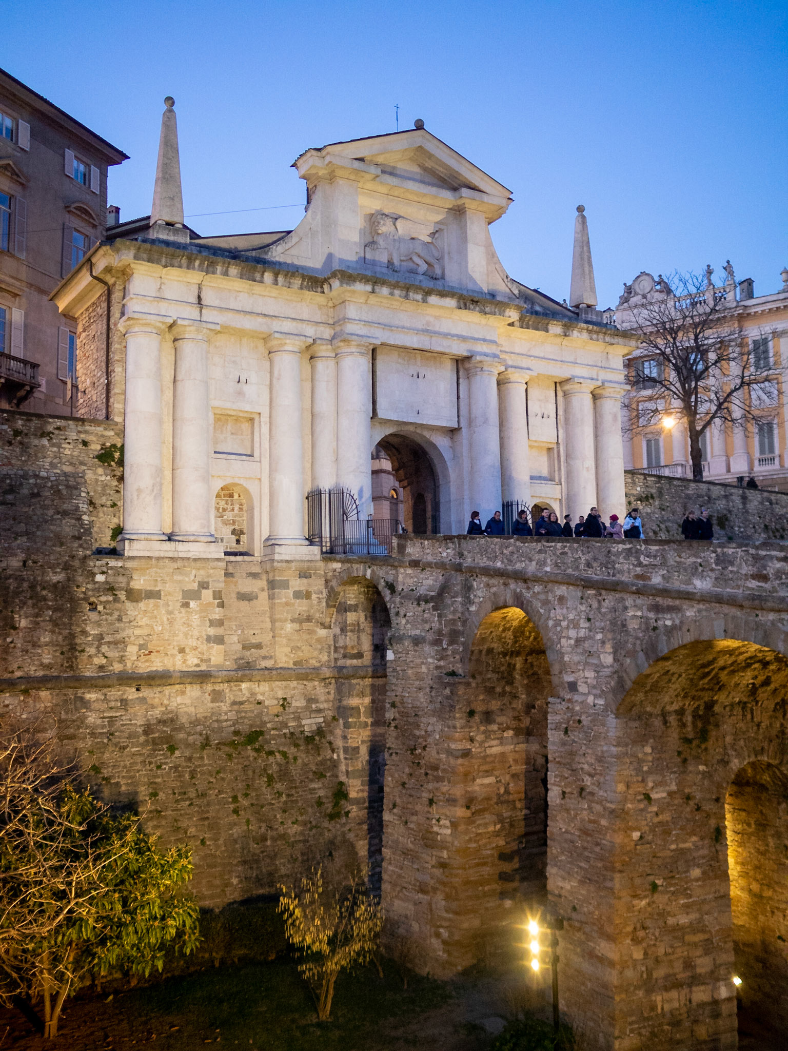 A gate to Città Alta, Porta San Giacomo at night, Bergamo
