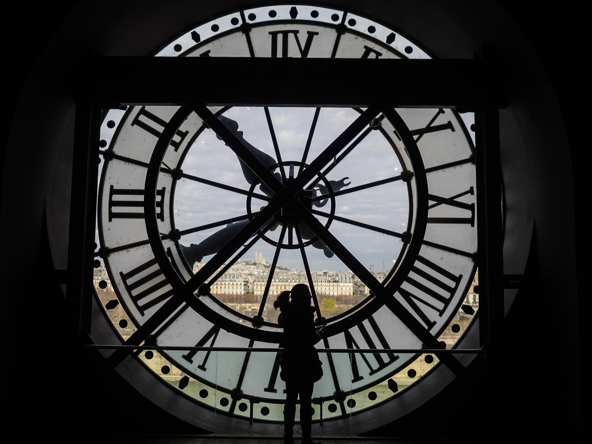 Behind the clock at Musée d'Orsay with Paris in background