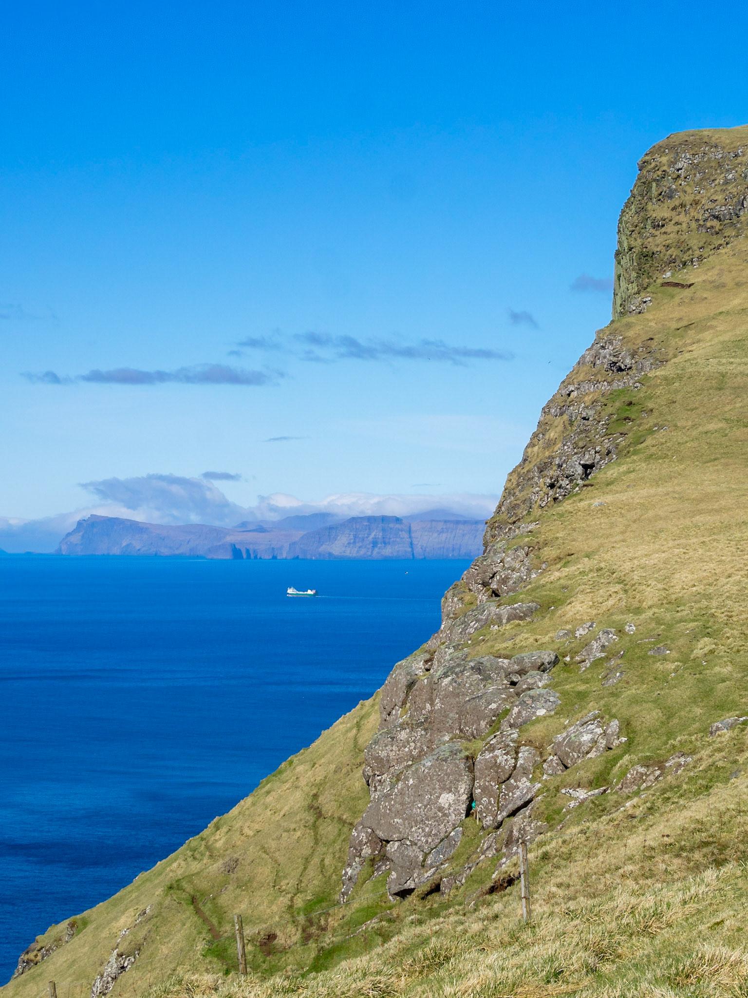 Djúpaberg cliff and Vágar island across the sea