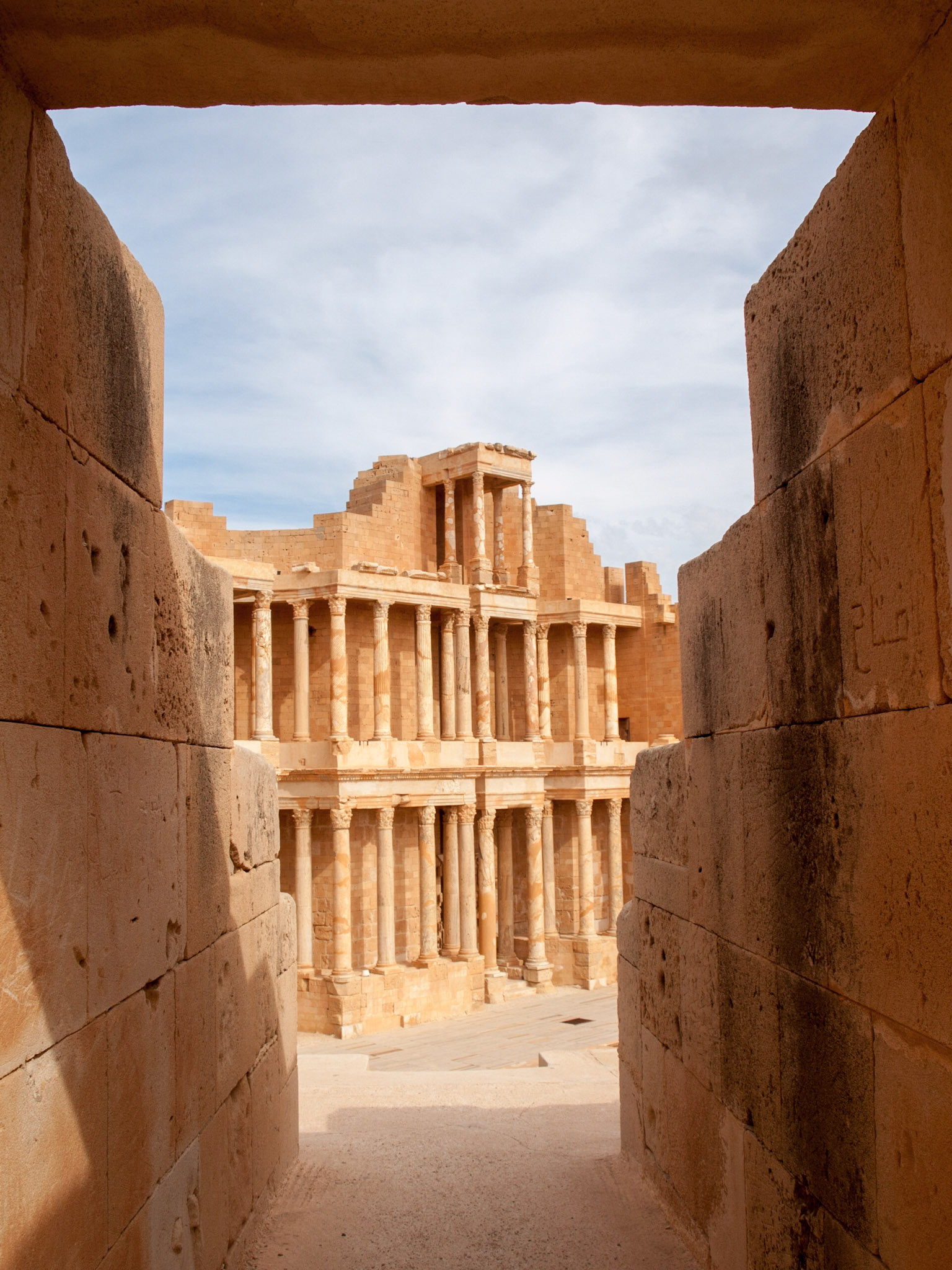 Roman ruins of Sabratha theater, stage view from entrance door