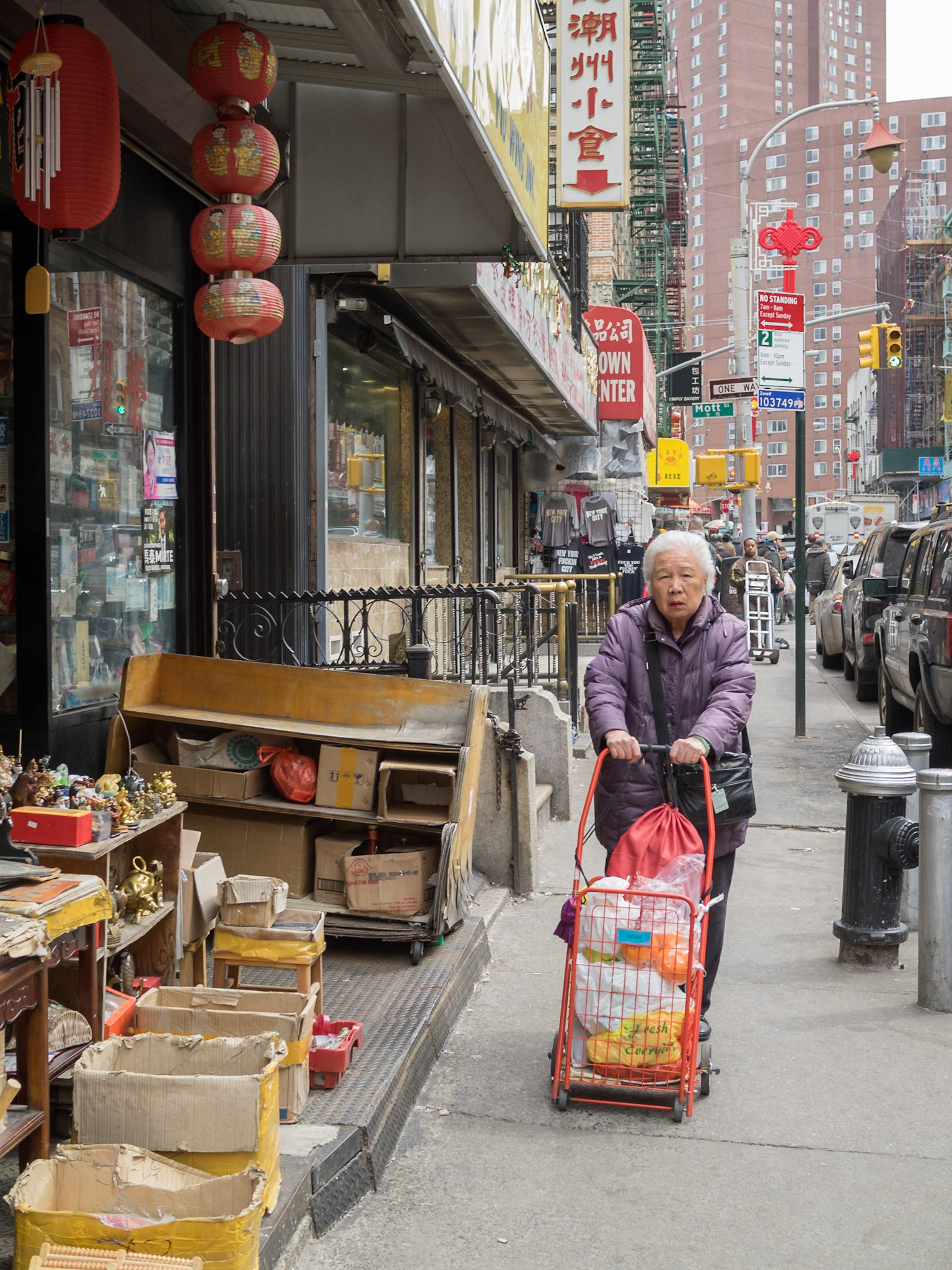 Old Chinese lady shopping in Manhattan Chinatown street