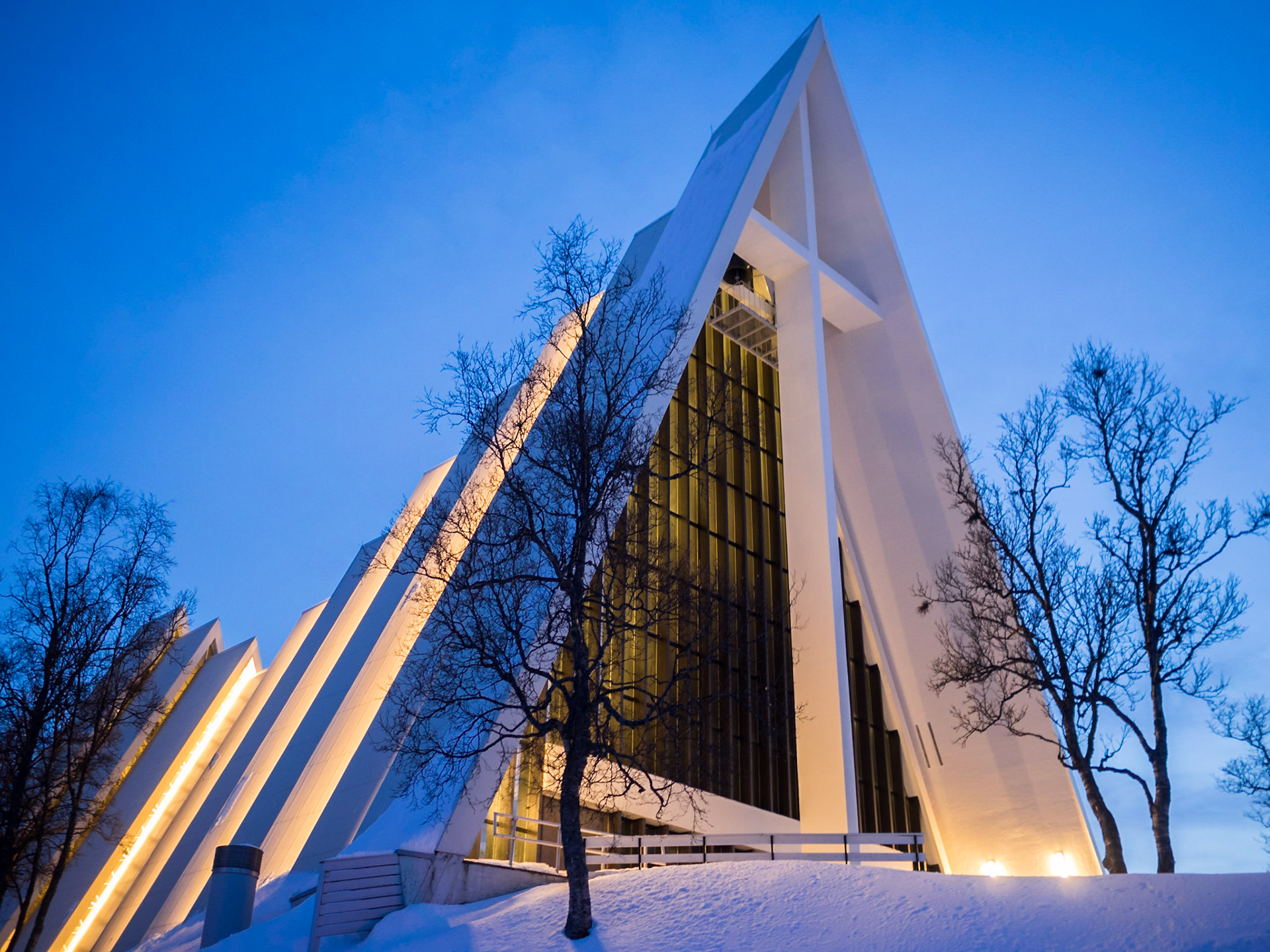 The Arctic Cathedral facade in the winter dusk