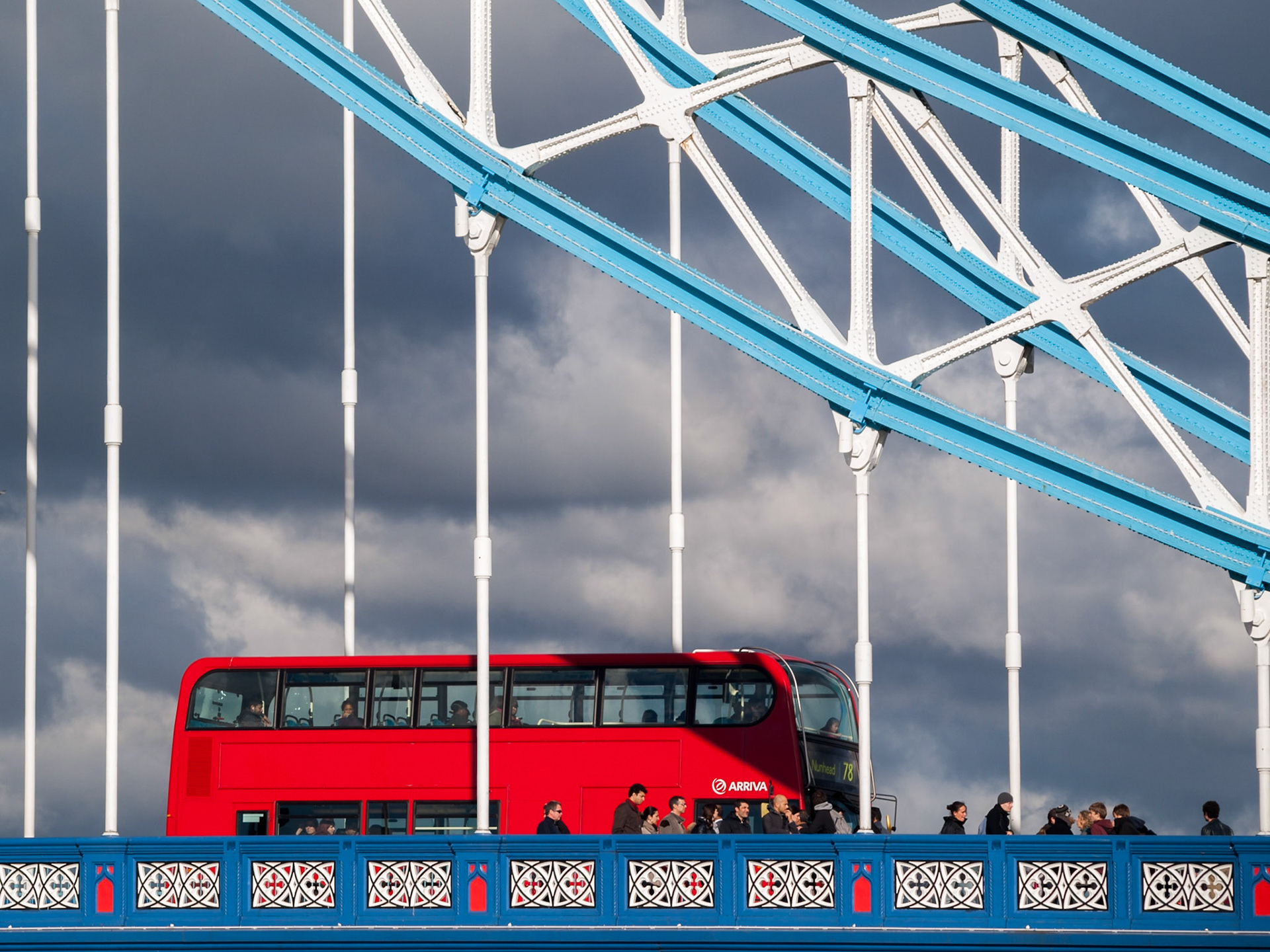 London red bus over Tower Bridge